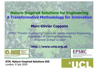 Vermelding onderdeel organisatie
Nature-Inspired Solutions for Engineering
A Transformative Methodology for Innovation
Marc-Olivier Coppens
!
EPSRC “Frontier Engineering” Centre for Nature Inspired Engineering
Department of Chemical Engineering
University College London
http://www.cnie.org.uk
KTN, Nature-Inspired Solutions SIG
London, 9 July 2019
 