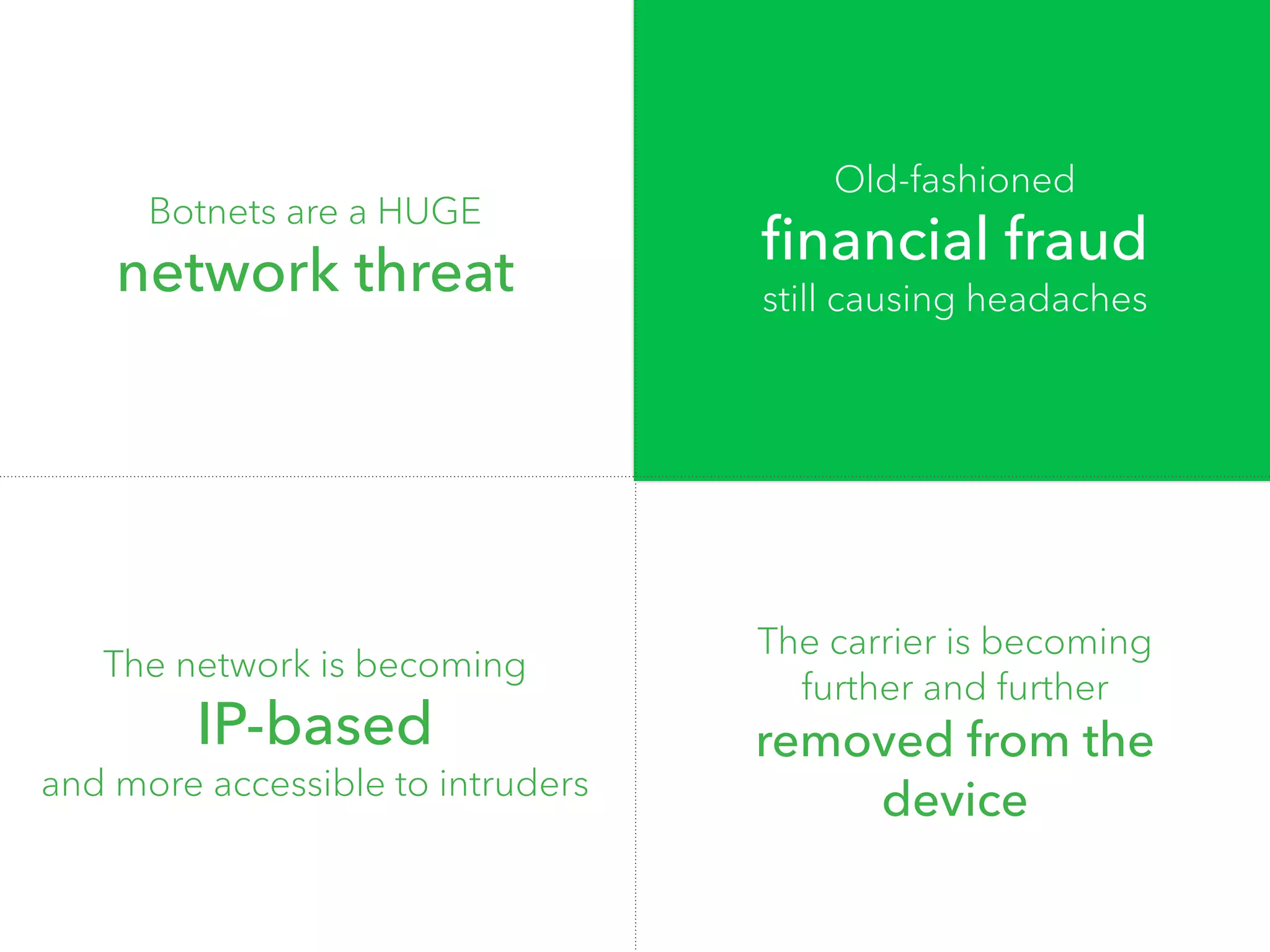 Botnets are a HUGE 
network threat 
Old-fashioned 
financial fraud 
still causing headaches 
The carrier is becoming 
further and further 
removed from the 
device 
The network is becoming 
IP-based 
and more accessible to intruders 
 