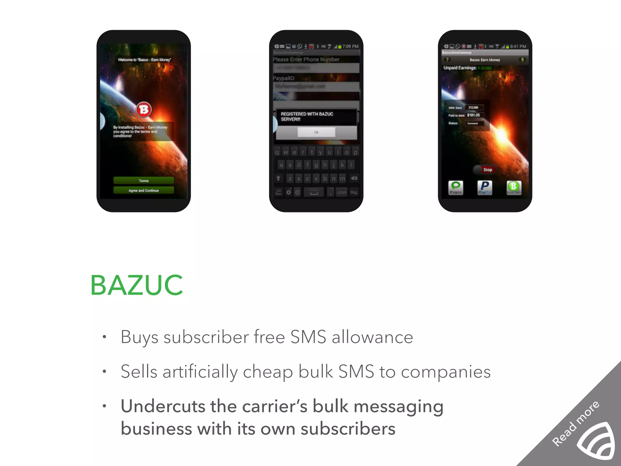 12:01 PM 12:01 PM 12:01 PM 
BAZUC 
• Buys subscriber free SMS allowance 
• Sells artificially cheap bulk SMS to companies 
• Undercuts the carrier’s bulk messaging 
business with its own subscribers 
Read more 
 