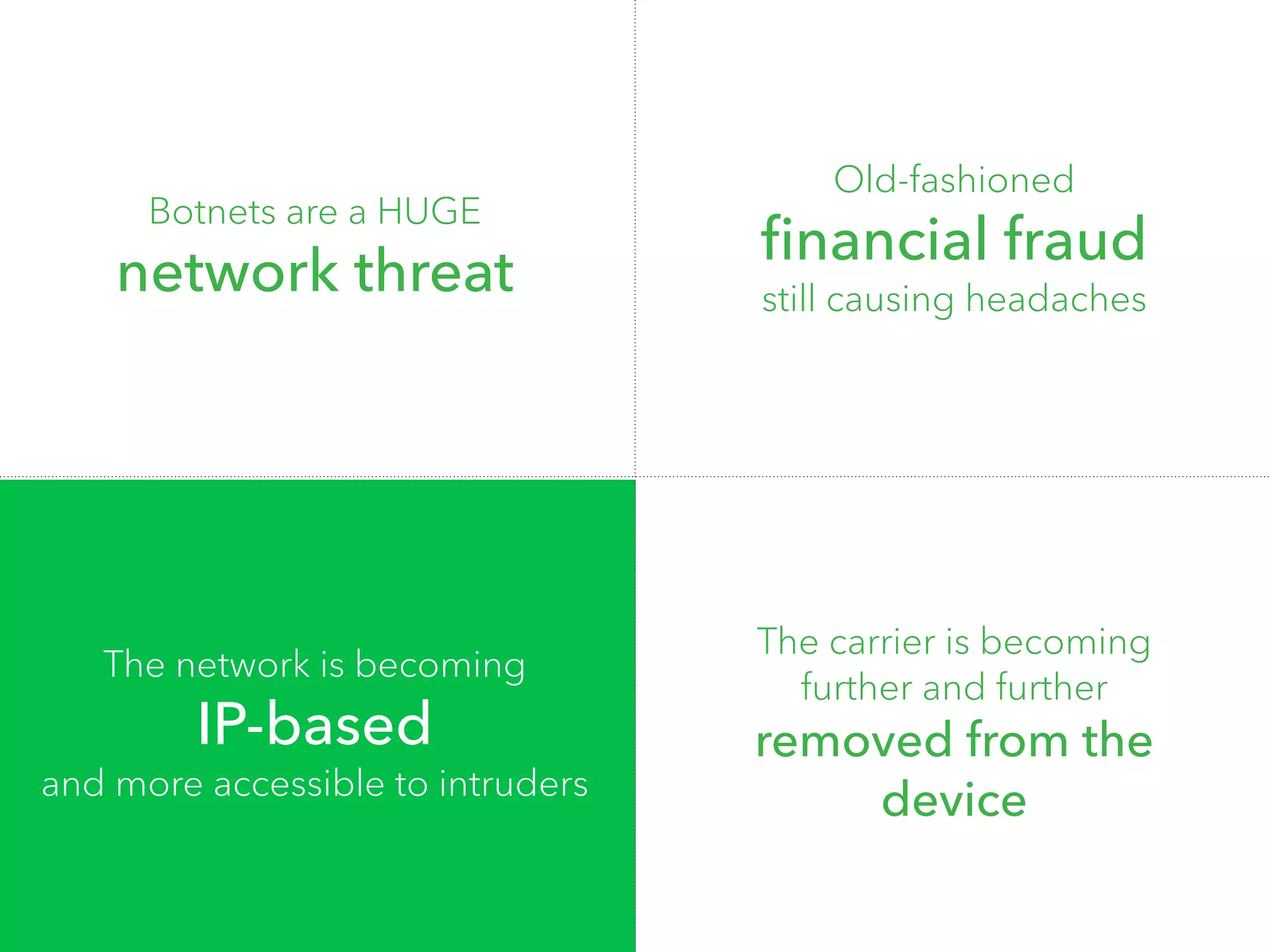 Botnets are a HUGE 
network threat 
Old-fashioned 
financial fraud 
still causing headaches 
The carrier is becoming 
further and further 
removed from the 
device 
The network is becoming 
IP-based 
and more accessible to intruders 
 