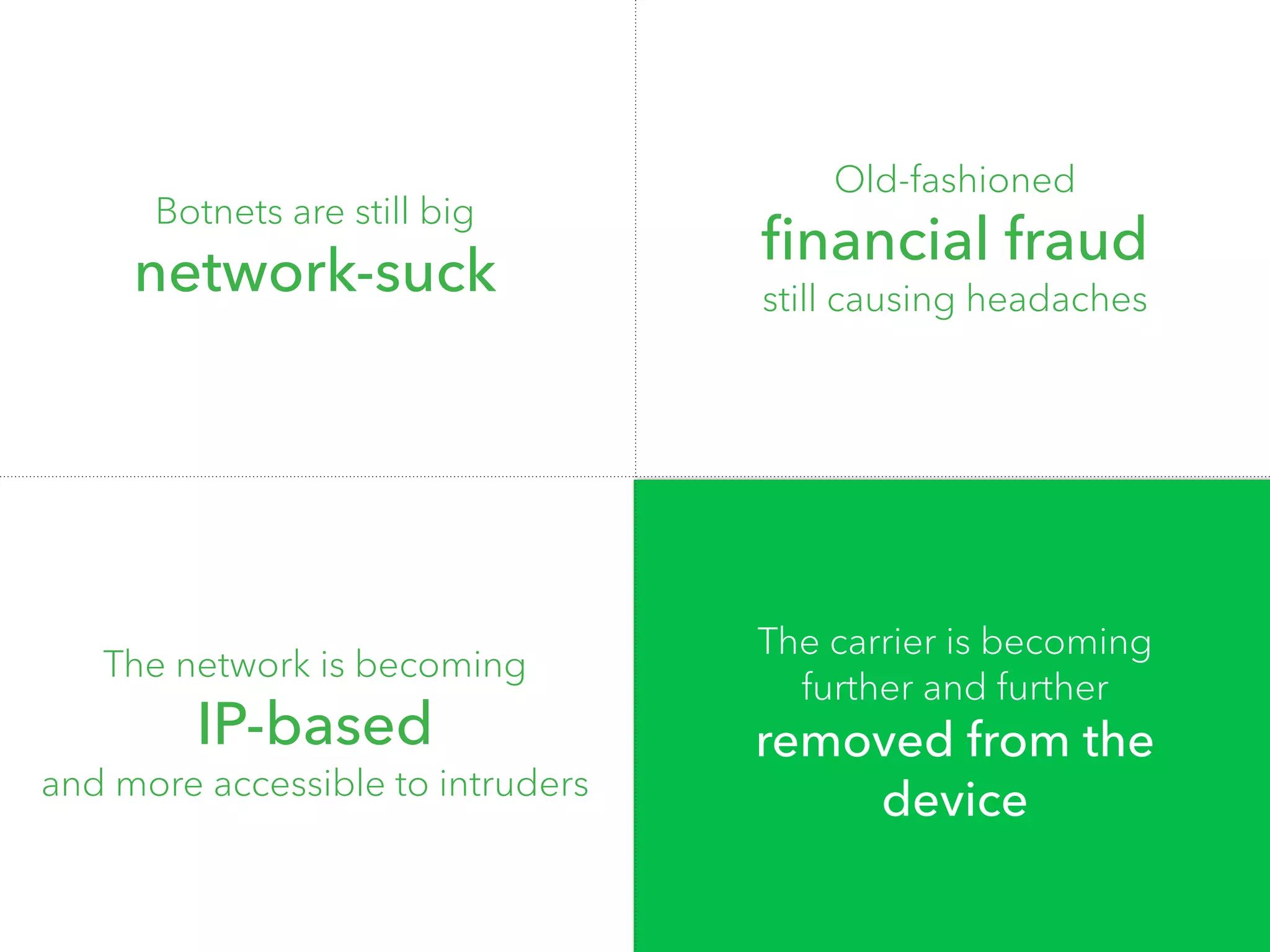 Botnets are still big 
network-suck 
Old-fashioned 
financial fraud 
still causing headaches 
The carrier is becoming 
further and further 
removed from the 
device 
The network is becoming 
IP-based 
and more accessible to intruders 
 