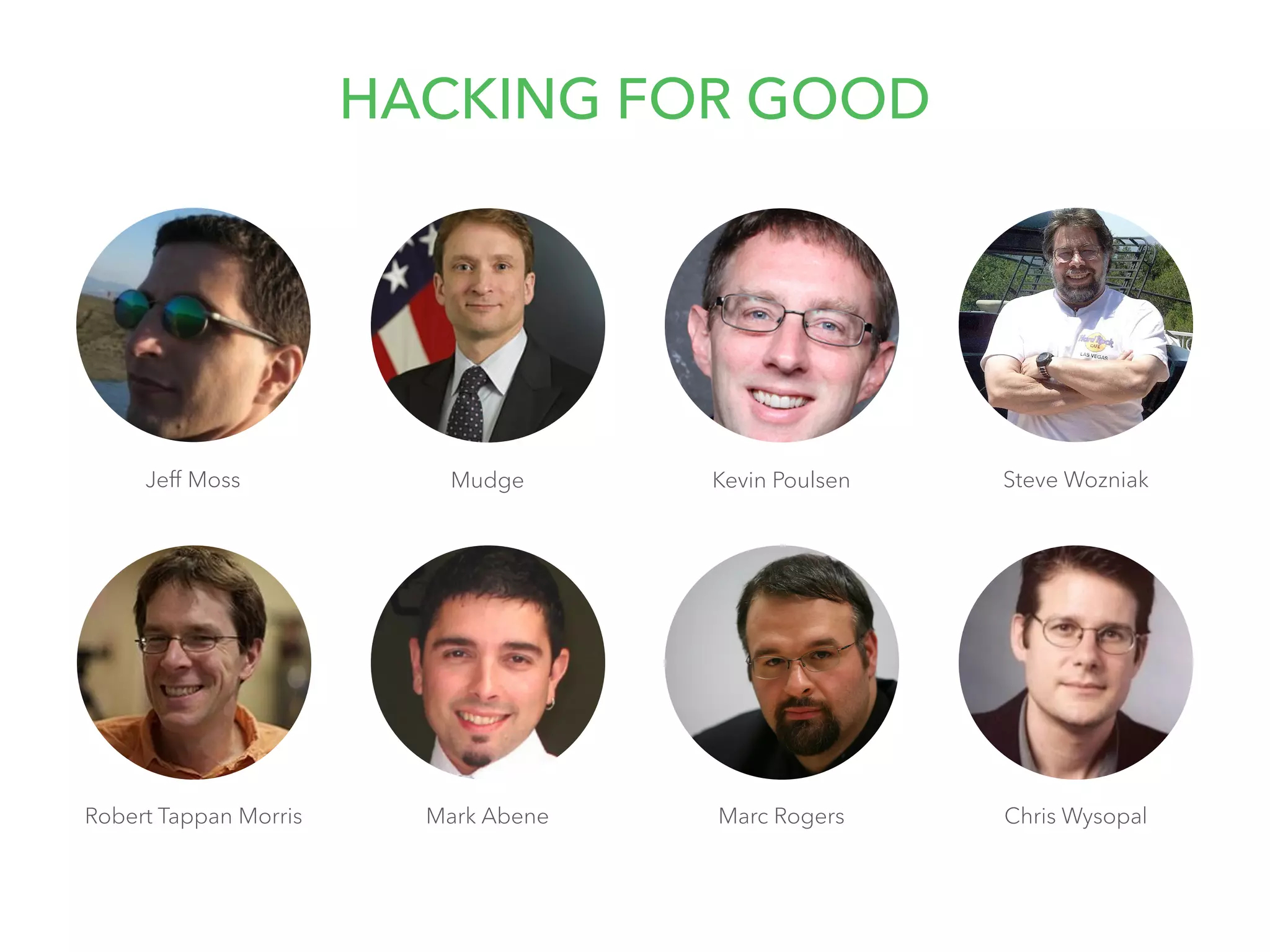 Jeff Moss 
HACKING FOR GOOD 
Kevin Poulsen 
Mark Abene Marc Rogers 
Robert Tappan Morris 
Mudge 
Steve Wozniak 
Chris Wysopal 
 