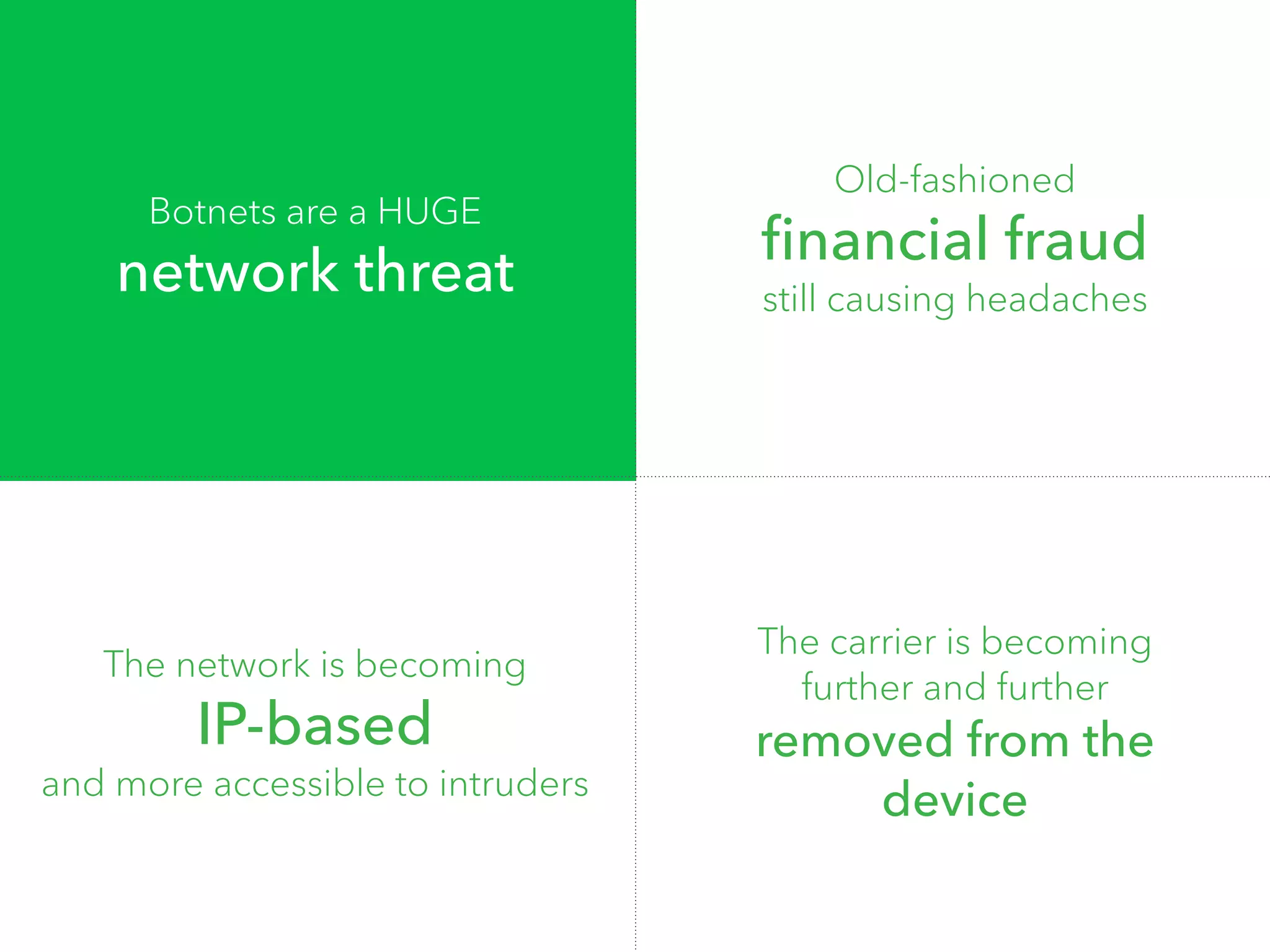 Botnets are a HUGE 
network threat 
Old-fashioned 
financial fraud 
still causing headaches 
The carrier is becoming 
further and further 
removed from the 
device 
The network is becoming 
IP-based 
and more accessible to intruders 
 