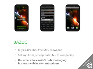 12:01 PM 12:01 PM 12:01 PM 
BAZUC 
• Buys subscriber free SMS allowance 
• Sells artificially cheap bulk SMS to companies 
• Undercuts the carrier’s bulk messaging 
business with its own subscribers 
Read more 
 