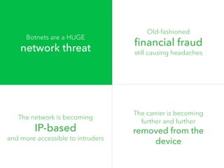 Botnets are a HUGE 
network threat 
Old-fashioned 
financial fraud 
still causing headaches 
The carrier is becoming 
further and further 
removed from the 
device 
The network is becoming 
IP-based 
and more accessible to intruders 
 