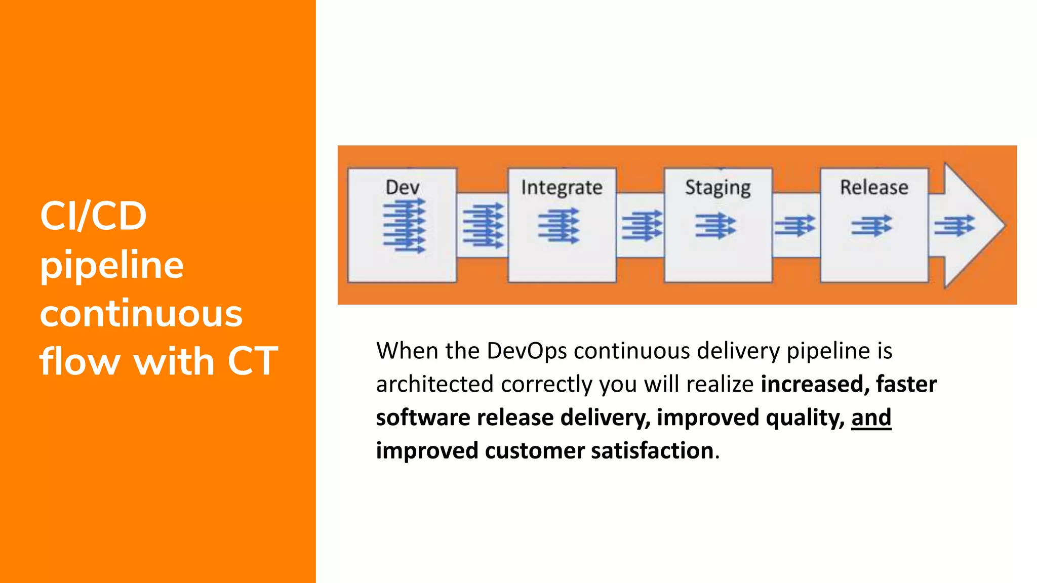 5
CI/CD
pipeline
continuous
flow with CT When the DevOps continuous delivery pipeline is
architected correctly you will realize increased, faster
software release delivery, improved quality, and
improved customer satisfaction.
 