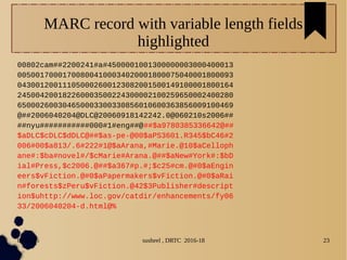 04/11/16 susheel , DRTC 2016-18 23
MARC record with variable length fields
highlighted
00802cam##2200241#a#4500001001300000003000400013
005001700017008004100034020001800075040001800093
043001200111050002600123082001500149100001800164
245004200182260003500224300002100259650002400280
650002600304650003300330856010600363856009100469
@##2006040204@DLC@20060918142242.0@060210s2006##
##nyu###########000#1#eng##@##$a9780385336642@##
$aDLC$cDLC$dDLC@##$as-pe-@00$aPS3601.R345$bC46#2
006#00$a813/.6#222#1@$aArana,#Marie.@10$aCelloph
ane#:$ba#novel#/$cMarie#Arana.@##$aNew#York#:$bD
ial#Press,$c2006.@##$a367#p.#;$c25#cm.@#0$aEngin
eers$vFiction.@#0$aPapermakers$vFiction.@#0$aRai
n#forests$zPeru$vFiction.@42$3Publisher#descript
ion$uhttp://www.loc.gov/catdir/enhancements/fy06
33/2006040204-d.html@%
 