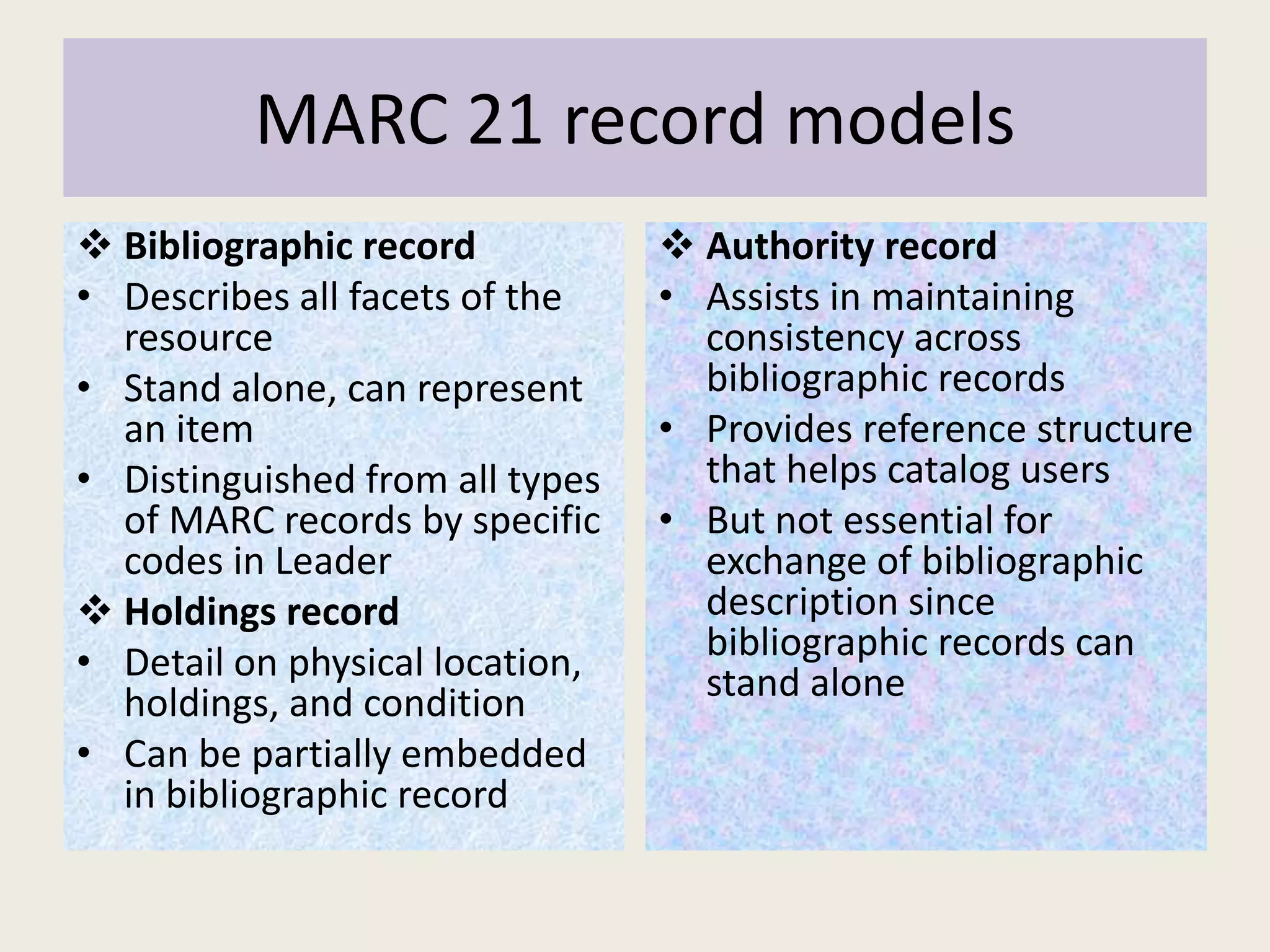 MARC 21 record models
 Bibliographic record
• Describes all facets of the
resource
• Stand alone, can represent
an item
• Distinguished from all types
of MARC records by specific
codes in Leader
 Holdings record
• Detail on physical location,
holdings, and condition
• Can be partially embedded
in bibliographic record
 Authority record
• Assists in maintaining
consistency across
bibliographic records
• Provides reference structure
that helps catalog users
• But not essential for
exchange of bibliographic
description since
bibliographic records can
stand alone
 