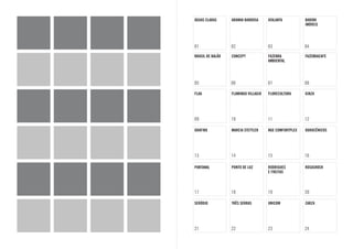 ÁGUAS CLARAS      ARANHA BARBOSA      ATALANTA          BARONI
                                                        IMÓVEIS




01                02                  03                04
BRASIL DE BALÃO   CONCEPT             FAZENDA           FAZENDACAFE
                                      AMBIENTAL




05                06                  07                08

FLAG              FLAMINGO VILLAGIO   FLORECULTURA      GINZA




09                10                  11                12

GRAFIK8           MARCIA STETTLER     NGE COMFORTPLEX   OGROCÊNICOS




13                14                  15                16

PANTANAL          PONTO DE LUZ        RODRIGUES         ROSASHOCK
                                      E FREITAS



17                18                  19                20

SERÓDIO           TRÊS SERRAS         UNICOM            ZARZA




21                22                  23                24
 