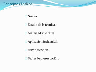 Conceptos básicos.
Nuevo.
Estado de la técnica.
Actividad inventiva.
Aplicación industrial.
Reivindicación.
Fecha de presentación.
 