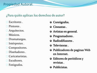 Propiedad Autoral.
Escritores .
Pintores .
Arquitectos.
Músicos.
Dramaturgos.
Intérpretes .
Compositores.
Diseñadores .
Caricaturistas.
Escultores.
Fotógrafos.
Coreógrafos.
Cineastas .
Artistas en general.
Programadores .
Radiodifusores .
Televisoras .
Publicadores de paginas Web
en Internet.
Editores de periódicos y
revistas .
Publicistas.
¿Para quién aplican los derechos de autor?
 