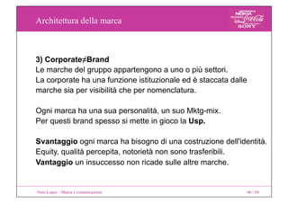 Architettura della marca
Nino Lopez – Marca e comunicazione 40 / 94
3) Corporate≠Brand
Le marche del gruppo appartengono a...