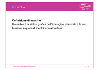 Il marchio
Nino Lopez – Marca e comunicazione 61 / 94
Definizione di marchio
Il marchio è la sintesi grafica dell’immagine...