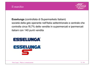 Il marchio
Nino Lopez – Marca e comunicazione 73 / 94
Esselunga (controllata di Supermarkets Italiani)
società della gdo operante nell'Italia settentrionale e centrale che
controlla circa l'8,7% delle vendite in supermercati e ipermercati
italiani con 140 punti vendita
 