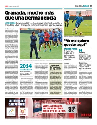 37Jueves 30 mayo 2013M
“Yo me quiero
quedar aquí”
GABRIEL TORJE
El extremo,
cedido por el
Udinese, está
feliz en la Liga
española
J. P. • Granada
Gabriel Torje habló en el día
de ayer sobre su futuro al fi-
nalizar el entrenamiento. El
extremo rumano, que se de-
claró feliz por la permanen-
cia del equipo en Primera di-
visión, fue muy claro con res-
pectoasuspreferencias,pese
a ser un futbolista cedido por
el Udinese: “Esta semana ha-
blaré con el presidente y es-
peroquepodamosllegaraun
acuerdo. Me quiero quedar
aquí.Sielclubyelentrenador
quieren, yo me quedo porque
estoy encantado con todo lo
que es Granada: la afición, la
ciudad y el equipo”.
Además,elfutbolistainter-
nacional rumano se mostró
muysolidarioalahoradeha-
cerunbalancedelatempora-
da que acaba este sábado:
“Siempresepuederendirmás,
perocreoquehasidounabue-
na temporada para nosotros.
Hemos conseguido el objeti-
vo de la permanencia. Podía
haber sido mejor a nivel per-
sonal,peroloimportanteesel
colectivoylapermanenciadel
equipo. Somos un equipo de
fútbol y no sólo juegan once,
sinoqueestamos25enlaplan-
tillaytenemosqueconseguir
el objetivo juntos”.
En cuanto al partido ante
elGetafe,Torjeesperaquesea
unagranfiestaparatodoGra-
nada: “Jugamos ante nuestra
afición y supongo que el es-
tadio se llenará, lo que me en-
cantaría. Tenemos que ganar
tres puntos para ellos”.
Torje (23), con el balón durante un entrenamiento.
MIGUEL ÁNGEL MOLINA
Granada, mucho más
que una permanencia
VIABILIDAD Cumplir sus objetivos deportivos permite al club consolidar su
proyecto de futuro • El tercer año en Primera le permitirá subir sus ingresos
Juan Prieto • Granada
LapermanenciaenPrimerano
sólo conlleva para el Granada
unéxitodeportivo,alcumplir-
selosobjetivosmarcadospara
estacampaña,sinoquepermi-
tiráasusdirigentescontinuar
con sus planes de convertir al
clubrojiblancoenunaentidad
solvente y con un ambicioso
proyectodefuturo.Yesqueen
la recta final de la temporada
habíaenjuegoalgomásquela
salvación.Elproyectodelafa-
milia Pozzo, liderado por Qui-
que Pina y Juan Carlos Corde-
ro, ha ido creciendo año tras
año.LosascensosdesdeSegun-
daBaPrimeraylasdosperma-
nenciassuponentambiénelsa-
neamientoeconómico,conun
diseñoejecutadoarajatablaque
hapermitidoafrontarlaplani-
ficación deportiva con cierta
suficiencia.
Pedro González Segura, se-
cretario del Consejo de Admi-
nistracióngranadinista,asegu-
rabahaceunosdíasquelasal-
vacióneraunanecesidadpara
seguir creciendo: “La entidad
seencuentraenunasituación
deabsolutaestabilidadeconó-
mica. La permanencia servirá
parasentarunasbasessólidas
nosóloparaunproyectoyacon-
solidado, como se encuentra
ahoramismo,sinoparaquesi-
ga creciendo y que la progre-
siónhagaqueelGranadasesi-
túeenelpanoramanacionalen
unaposiciónpreferente”.
ParaGonzálezSegura,elclub
estápreparadoparaafrontarel
nuevoordendelfútbolespañol:
“El escenario que se dibuja va
a cambiar con la futura apro-
bacióndelanuevaLeydelDe-
porte, que puede entrar en vi-
gor en 2014, y con el nuevo re-
partodelosderechostelevisivos.
Aellosesumaelfairplay finan-
cieroqueseestableceyqueen-
traráenvigorelpróximoaño”.
nada,porlaproyecciónypers-
pectivas que el club presenta
porque,aunqueseguimossien-
dounaentidadmodesta,lapro-
yecciónylaestabilidadquete-
nemosesalgoqueenelfútbol
españolnosposicionadecara
alfuturodeformamuyimpor-
tante. El rigor financiero va a
ser más importante, incluso,
quelosresultadosdeportivos,
por lo que nos colocamos en
unasituaciónmuyidóneapa-
rapodersoñarenmuchísimas
cosas”.
Haberlogradolapermanen-
ciagarantizaunfuturomuyha-
lagüeño para abordar proyec-
tos que un descenso se hubie-
ran ralentizado en caso de un
descenso, como el fichaje de
nuevosvalorescomo,porejem-
plo, Brahimi. Así como la Ciu-
dad Deportiva que se pondrá
en marcha antes del inicio de
lapróximatemporada.
Dehecho,elGranadayapre-
sentóelpresupuestodelapró-
xima campaña en la LFP, un
requisitoindispensableyaque
ahora no sólo se fiscalizan y
auditan los presupuestos pa-
sados, sino que hay que pre-
sentarlosfuturosparasuapro-
bación, ya que ninguna enti-
dadpodráfuncionarsinoestá
enlosparámetroseconómicos
que la LFP marca: “Han mos-
trado su sorpresa y satisfac-
ciónporlosnúmerosdelGra-
Quique Pina (44), hablando por teléfono sobre el césped cuando los jugadores realizaban carrera continua.
MIGUEL ANGEL MOLINA
La Federación
de Peñas desea
que siga Alcaraz
J. P. • Málaga
La Federación de Peñas emi-
tió un comunicado para agra-
decer a Lucas Alcaraz su tra-
bajo y esfuerzo en pos de
que el equipo lograra la per-
manencia. En la misiva, las
peñas alaban no sólo haber
cumplido el reto de la salva-
ción para el equipo de su ciu-
dad, sino por el triunfo ante
el Madrid, que califican como
“la mejor victoria del equipo
en los últimos años”, y su de-
dicación. Es por ello que, en
representación del granadi-
nismo, sentencian: “Desea-
mos que siga con nosotros
durante mucho tiempo”.
nueva Ley Deporte
Nuevos repartos
televisivos y el ‘fair
play’ financiero
2014
Liga BBVA Fútbol
“Esta semana
hablaré con el presi
y espero que se
llegue a un acuerdo”
“Siempre se puede
rendir más, pero ha
sido un buen año”
Gabriel Torje
Jugador del Granada“
 