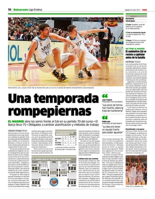 56 Jueves 30 mayo 2013 MBaloncesto Liga Endesa
Una temporada
rompepiernas
EL MADRID abre las semis frente al CAI en su partido 70 del curso • El
Barça lleva 75 • Obligados a cambiar planificación y métodos de trabajo
J. Sánchez / N. Duque • Madrid
Bienvenidos al inicio de las
semifinales de la Liga Ende-
sa y también al partido 70 de
latemporadadelRealMadrid,
dato inédito en su historia.
Mañana, el Barça recibe al
GranCanariaparaafrontarsu
compromiso 76 del curso.
No hay precedentes de una
campañatanexigente,uncur-
sorompepiernasquehacam-
biado dinámicas de trabajo,
características de los entre-
namientos y planteamientos
a la hora de confeccionar fu-
turas plantillas. “Llegados a
este punto, la mente debe po-
derconelcansancio”,comen-
tabaayerPabloLasoantesde
recibiralCAI.Aeso, alafuer-
za mental, debe agarrarse ya.
El equipo de Abós jugó el
pasado domingo un partido
con tres prórrogas y el mar-
tes, eltercerodesuserie.Vol-
vió a Zaragoza para hacer las
maletasyviajaraMadrid.Hoy
(21.00 h) posiblemente tenga
motivosparajugarconlalen-
gua fuera. El Madrid resol-
vió antes su playoff de cuar-
tos, pero ha dejado atrás 69
partidosoficialesysieteamis-
tosos(dosdeellosenEstados
Unidos). Bienvenidos al ba-
loncesto donde el físico ter-
mina por imponerse.
“Han muerto los picos de
forma de un equipo que aspi-
ra a todo, como el nuestro. Se
tratademantenerunbuenes-
tado durante toda la tempo-
rada. El desafío es conseguir-
lo”, afirma Juan Trapero, pre-
parador físico del Madrid.
Ha sido el reto del equipo
blanco y también del Barce-
lona, que ya ha apostado por
unaplantillaconmásde12ju-
gadores y por hacer convoca-
torias según la competición,
algoqueharáelMadridlapró-
xima temporada.
Calidad antes que cantidad
El principal cambio ha sido
en la forma de trabajar. An-
tes de iniciar la cuenta de lo
que son ya casi 200 entrena-
mientos,Lasoysucuerpotéc-
nico apostaron por la cali-
dad antes que la cantidad y
por un reparto muy contro-
lado de minutos. El entrena-
dor vitoriano, obligado por el
calendario, ha sacrificado la
preparación de los encuen-
tros por los entrenamientos
de recuperación. Y ha sido es-
tricto con las rotaciones. Mi-
rotic y Llull, los jugadores
más utilizados, no han pasa-
do de 23 minutos. “Siempre
pensé en tener un equipo
fuerte para aguantar. Todos
mis jugadores son necesa-
rios, todos”, afirma Laso.
El nuevo escenario del ba-
loncestoeuropeoobligaacam-
biar el chipy atender a todo a
la hora de diseñar las planti-
llas. “Creo que es obligatorio
tenerunequipojoven,conac-
titudyhambreparaentrenar
y jugar como si nunca hubie-
ras ganado nada”. Es inevita-
ble la comparación con la
NBA.“Nosotrospodemoslle-
gar a jugar 79 partidos oficia-
les.Ellos,82ylosplayoffs.Pe-
ro a cambio tienen cinco me-
sespararecargarcombustible.
En Europa, con las seleccio-
nes, es imposible”. Jones (27) y Llompart (31).
El combativo CAI se
resiste a capitular
antes de la batalla
Luis Noriega • Zaragoza
Las vacías gradas de la Fuen-
te de San Luis, ya con los afi-
cionadosvalencianosrumian-
do la derrota de camino a ca-
sa, asistieron a un acto de
comunión mayúsculo entre
la plantilla del CAI y sus afi-
cionados, que habían llegado
a Valencia en dos autobuses.
Jugadores y cuerpo técnico
bailaronycantaronel‘Sí,sí,sí,
nosvamosaMadrid’.Laplan-
tilla tiene mucho que agrade-
cerasusaficionados,quetras
perderpor38puntosenelpri-
mer partido en Valencia, cer-
caronsuautobúsparacantar-
les el ‘Zaragoza nunca se rin-
de’, rescatado de la guerra de
independenciacontralosfran-
ceses. Ese grito les dio moral
para dar la vuelta a la serie.
A ese lema se aferran los
maños para plantar cara al
Madrid.Lleganmáscansados
tras disputar tres prórrogas
el domingo y un partido a vi-
daomuerteelmartes,perose
resisten a capitular antes de
labatalla,pormuyfuerteypo-
deroso,comoenestecaso,que
sea el enemigo a batir.
Disciplinados y con ganas
José Luis Abós, técnico del
CAI Zaragoza, se deshace en
elogios con los suyos: “Es un
orgullo entrenar a este gru-
po.Trabajancadadía,sondis-
ciplinados, hacen las cosas
que tienen que hacer y enci-
malashacenbien,tienenmu-
cha calidad. Son jóvenes y tie-
nen ganas. Para un entrena-
dor es lo más fácil del mundo
entrenar a un grupo así”.
NO TEME AL MADRID
Real Madrid
CAI Zaragoza
7 Duda: Slaughter, pívot del
Madrid, por un esguince
en la rodilla derecha.
7 Pasó en temporada regular.
2-0 para el Madrid (94-79 y
75-84).
7 Reyes: “El CAI es un equipo
muy peligroso como ha de-
mostrado en cuartos”.
Palacio ATV · Aut. 21.00 h
JOSÉ ANTONIO SANZ
Nikola Mirotic (22) y Jaycee Carroll (30) se levantan del suelo a la vez en un partido del Madrid correspondiente a esta temporada.
L E C SC Com. T.
RealMadrid 36 29 1 2 1 69
CAI 37 1 1 39
BarçaRegal 37 31 3 2 2 75
H.G.Canaria 37 2 39
LOS PARTIDOS DE LOS
SEMIFINALISTAS
L: Liga Endesa. E: Euroliga. C: Copa del Rey.
SC: Supercopa. Com.: T. Comunidad. T: Total.
“Los picos de forma
han muerto, ahorase
trata de mantenerse”
Juan Trapero
Preparador físico del Madrid“
“La idea era tener
un equipo fuerte
para poder aguantar”
Pablo Laso
Entrenador del Real Madrid“
RealMadrid
90
BlusensMonbus
Baskonia
HerbalifeG.C.
ValenciaBasket
CAIZaragoza
BarcelonaRegal
UxueBilbao
EL CAMINO HACIA EL TÍTULO DE LA LIGA ENDESA
2
0
75
74
58
80
42
77
83
79
70
89
90
88
62
66
72
78
83
57
56
1
2
2
1
1
2
RealMadrid
CAIZaragoza
HerbalifeG.C.
Barça Regal
120
122
Hoy (21.00 h), 1
de junio (19.00
h), 4 (21.00 h),
6* y 8*. TV: Aut.
Mañana (21.00
h), 2 de junio
(20.00 h), 5
(19.15 h.p.), 7* y
9*. Tv: La1.
JOSE A. GARCIA
 