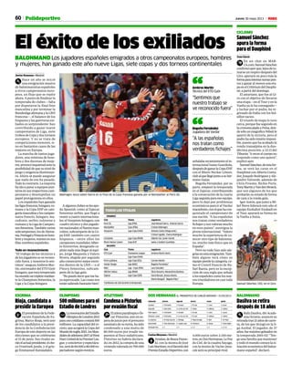 60 Jueves 30 mayo 2013 MPolideportivo
Dasilva se retira
después de 18 años
Rafa Dasilva, del Acade-
mia Octavio, anunció su
retiradatras21añosdecarre-
ra, de los que 18 jugó en la li-
ga Asobal. El jugador, de 37
años,fuemáximogoleadoren
la temporada 2001-02: “Ten-
go una familia que mantener
y todo el mundo conoce la si-
tuacióneconómicadelbalon-
mano español”, declaró.
BALONMANO
Rioja, candidato a
presidir la Europea
ElpresidentedelaFede-
ración Española de Es-
grima, Marco Rioja, será uno
de los candidatos a la presi-
dencia de la Confederación
Europadeestedeporteenlas
elecciones que se celebrarán
el 15 de junio. Sus rivales se-
ránelactualpresidente,elche-
co Frantisek Janda, y el grie-
go Emmanuel Katsiadakis.
ESGRIMA
500 millones para el
Estadio de Londres
LarenovacióndelEstadio
OlímpicodeLondres2012
parausocotidianocostará500
millones. La capacidad del re-
cinto, que acogerá la Copa del
Mundoderugby2015,losMun-
dialesdeatletismo2017,alWest
HamUniteddelaPremierLea-
gue, y conciertos y espectácu-
los,seráde60.000a80.000es-
pectadoressegúneventos.
OLIMPISMO
CondenaaPistorius
porevasiónfiscal
ElatletaparalímpicoÓs-
car Pistorius, aún en es-
pera de juicio por el presunto
asesinatodesunovia,hasido
condenado a una multa de
80.000 euros por evadir im-
puestos al fisco sudafricano.
Pistorius no habría declara-
do, en 2012, la compra de una
vivienda valorada en 700.000
euros.
ATLETISMO DOS HERMANAS EL PRONÓSTICO DE CARLOS MOYANO • 31/05/2013
Valoración primera segunda tercera cuarta quinta
Ganador 2- Chicharito 3- Arsalan 1- El Lolo 1- Lince 1-Lasusi
Colocado 3- Dam Dam 4- Le Feu du Ciel 5- Nubia 4- Galileus 2- Calitxo
Valor seguro 2- Chicharito 3- Arsalan 1- El Lolo 1- Lince 1- Lasusi
Distancia y pista 2- Chicharito 4- Le Feu du Ciel 1- El Lolo 4- Galileus 2- Calitxo
La sorpresa 4- El Viejo Gaucho 2- Bottega 2- Pippa Snudge 9- Bob 5- Sir Pepo
Descartable 5- Free Diamonds 5- Leader Lady 8- Priaranza 8- Ibsaar 7- Green Night
Quintuple Plus 2, 3 3, 4 1, 2, 5 1, 4 1, 2, 5, 8
Carlos Moyano • Madrid
Arsalan,deReazaPazoo-
ki, con la monta de José
LuisMartínez,eselfavoritodel
PremioEstadioDeportivo,con
4.000 euros sobre 2.100 me-
tros,enDosHermanas.LeFeu
du Ciel, de la cuadra Sayago,
con la monta de Vaclav Jána-
cek será su principal rival.
Samuel Sánchez
apura la forma
para el Dauphiné
Josu Garai
En un chat en MAR-
CA.com,SamuelSánchez
confirmóayerque,lejosdeto-
marse un respiro después del
Giro, apurará un poco más la
formaparaintentarsumarpun-
tos y ganar al menos una eta-
paenelCritériumdelDauphi-
né,apartirdeldomingo.
El asturiano, que fue al Gi-
ro con el objetivo de llevarse
una etapa —en el Tour y en la
Vuelta ya lo ha conseguido—
y luchar por el podio, ha re-
gresado de Italia con los bol-
sillos vacíos.
El triunfo de etapa lo tuvo
cerca, porque fue segundo en
lacronoescaladaaPolsa,don-
desólounmagníficoNibalile
apartó de la victoria, pero el
podio ha sido misión imposi-
ble, puesto que ha acabado la
ronda transalpina en la duo-
décima posición, a 12:13 del
Tiburón.“Aveceselcuerpono
responde como uno quiere”,
explicó ayer.
SamuelSánchez,deestafor-
ma, se verá las caras en el
DauphinéconAlbertoConta-
dor, Joaquín Rodríguez y Ale-
jandro Valverde, además de
Chris Froome, Richie Porte,
TonyMartinyVandenBroeck,
que son algunos de los que
probarán su estado de forma
de cara a la ronda gala.
Igor Antón, que junto a Mi-
kel Nieve liderará este año el
equipo Euskaltel-Euskadi en
el Tour, apurará su forma en
la Vuelta a Suiza.
CICLISMO
Samuel Sánchez (35), en el Giro.
AFP
El éxito de los exiliados
BALONMANO Los jugadores españoles emigrados a otros campeonatos europeos, hombres
y mujeres, han ganado este año nueve Ligas, siete copas y dos torneos continentales
Javier Romano • Madrid
Hace un año se inició
una emigración masiva
de balonmanistas españoles
a otros campeonatos euro-
peos, un flujo que se repite
ahora. A punto de finalizar la
temporada de clubes —falta
por disputarse la final four
masculina y por terminar la
BundesligaalemanaylaLNH
francesa—, el balance de los
hispanos y las guerreras exi-
liados es sorprendente: han
contribuido a ganar nueve
campeonatos de Liga, siete
trofeos de Copa y dos torneos
europeos. Y no se trata de
competiciones menores, si-
no en bastantes casos de las
mejores en Europa.
La marcha de tantos juga-
dores, una veintena de hom-
bres y dos docenas de muje-
res,provocóinquietudantela
posibilidaddequesunivelde
juego y exigencia disminuye-
ra. Ahora se puede asegurar
que nada de eso ha pasado.
Todolocontrario.Lamayoría
ha ido a parar a equipos pun-
terosensusrespectivoscam-
peonatos y desempeñan un
papel protagonista en ellos.
Los españoles han ganado
lasligasfrancesa,húngara,ru-
mana y la Copa EHF en cate-
goríamasculinayloscampeo-
natos francés, húngaro, ma-
cedonio, serbio, esloveno y
rumanoylaLigadeCampeo-
nesfemenina.Tambiénvarios
subcampeones,losdeAlema-
nia,PortugalyFranciaenhom-
bresymujeres,reúnenensus
filas nombres españoles.
Todo un reconocimiento
“El trabajo de los técnicos y
delosjugadoresseverecono-
cido fuera, y nosotros lo sen-
timos”, asegura Ambros Mar-
tín, entrenador del ETO Györ
húngaro,queestatemporada
hareunidountripletemedian-
te la Champions femenina, la
Liga y la Copa húngara.
señalabarecientementeelin-
ternacional Isaías Guardiola,
despuésdeganarlaCopaEHF
con el Rhein-Neckar Löwen,
clubalquellegójuntoasuher-
mano Isaías.
Begoña Fernández, por su
parte, empezó la temporada
en el Zajecar, contribuyendo
a la consecución de la cuarta
Liga seguida para ese equipo,
pero lo dejó por problemas
económicos para ir al Vardar
macedonio,conelquehacon-
quistado el campeonato de
esa nación. “A las españolas
nos tratan como verdaderos
fichajes y nos valoran mucho
en esos países”, atestigua la
pivote internacional. “Valoro
mucho la experiencia de co-
nocer otro tipo de balonma-
no, mucho más físico que en
España”.
Pero no todo han sido ale-
gríasenestaemigración.Tam-
bién alguno verá cómo su
equipopierdelacategoría,co-
mo el Creteil francés de Ra-
fael Baena, pero es la excep-
ción de una regla que señala
alosespañolescomolosnue-
vos triunfadores en casi toda
Europa.
Malmagro lanza sobre Sierra en la final de la Copa francesa ganada por el Montpellier al París-SG.
AFP
“Sentimos que
nuestro trabajo se
ve reconocido fuera”
Ambros Martín
Técnico del ETO Györ“
“A las españolas
nos tratan como
verdaderos fichajes”
Begoña Fernández
Jugadora del Vardar“
HOMBRES
Club Títulos Jugadores
Paris SG Liga (FRA) José Manuel Sierra, Antonio García
Montpellier Copa (FRA) Cristian Malmagro
Veszprem Liga-Copa (HUN) Antonio Carlos Ortega (entr.)
Cristian Ugalde, Chema Rodríguez
Constanta Liga-Copa (RUM) Alberto Val, Javier Humet
Rhein-Neckar Löwen Copa EHF Isaías y Gedeón Guardiola
MUJERES
Club Títulos Jugadores
ETO Györ Champions League Ambros Martín (entr.)
Liga-Copa (HUN)
Krim Ljubliana Liga-Copa (ESL) Carmen Martín
Vardar Skopje Liga (MAC) Begoña Fernández*
Metz Liga - Copa (FRA) Lara González
Oltchim Valcea Liga (RUM) Silvia Navarro, Alexandrina Barbosa
Zajecar Liga-Copa (SER) Nuria Benzal, Jessica Alsono
Marta Mangué*, Begoña Fdez.*
*Cambiaron de club durante la temporada
TODOS LOS TÍTULOS
Aalgunosclubesselesapo-
da Spanish, como al Zajecar
femenino serbio, que llegó a
reunir a cuatro internaciona-
les;elVeszpremhúngaro,con
cuadro técnico y dos jugado-
resnacionales;elNantesmas-
culino, subcampeón de la Co-
pa EHF, también con cuatro
hispanos —entre ellos los
campeones mundiales Alber-
to Entrerríos, designado ca-
pitán nada más llegar al equi-
po, Jorge Maqueda y Valero
Rivera, elegido por segundo
año consecutivo mejor extre-
mo diestro de la LNH—; o el
Fleury femenino, subcam-
peón de la liga gala.
“Nopuedodecirquemeha-
ya equivocado. Las cosas nos
estánsaliendobastantebien”,
 