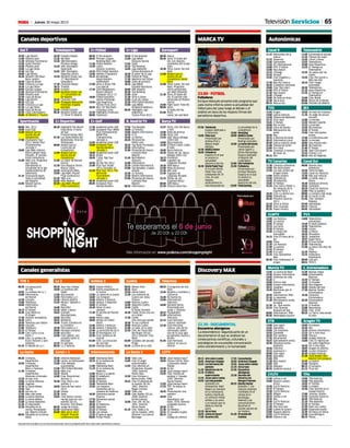 65Jueves 30 mayo 2013M
Canales generalistas
09.15 Artesobreruedas
10.05 AmericanChopper
10.55 Loshermanosdel
pantano
11.45 Monstruosderío
12.35 Elúltimo
superviviente
13.25 Joyassobreruedas
14.55 Losmásgrandes
Andando con
dinosaurios. Matt
Rogers se montará
en un dinosaurio,
subirá a bordo de
un vehículo militar
anfibio y se unirá
a un equipo que se
dedica a reciclar
acero.
15.10 Asísehace
16.05 ¿Cómolohacen?
17.00 AcuariosXXL
17.55 Cazasubastas
18.50 AmericanChopper
19.45 Joyassobreruedas
21.35 Asísehace
22.30 Encuentros
alienígenas
23.30 Secretosdel
Universocon
MorganFreeman
00.25 MundoHacker
Episodio 1. Los
mejores expertos
mundiales en el
campo de la
tecnología,
Internet y las
comunicaciones
descifran el
mundo secreto de
los hackers.
01.20 Elmundodel
mañana
Canales deportivos Autonómicas
Canal 9
11.15 Meravelles de la
natura
12.15 Socarrats
12.45 Gormandia
13.25 A2 internacional
14.00 NT9 1ª Edició
15.00 Nou Esport
15.15 L'Oratge
15.25 Ocupa't
15.45 Cine: Engaños y
mentiras
17.30 Bon dia, bonica
18.30 Cuidadors d'animals
19.00 Cine: Tom Horn
21.00 NT9 2ª Edició
21.30 Nou Esport
21.45 L'Oratge
22.00 De festa en festa
22.30 Nip & tuck
00.15 Rescue me
TVG
13.45 O agro
14.00 Galicia noticias
14.30 Telexornal Mediodía
15.15 Vivir aquí
15.45 O Tempo
16.00 Por la cara
16.30 Libro de familia
17.45 Mensaxeiros do
oeste
18.30 Rex
19.15 A Revista da tarde
20.15 Informativo Local
20.30 Galicia noticias serán
21.00 Telexornal Serán
22.00 Era visto!
22.15 Casamos! A historia
de amor de...
00.15 Rex
TV Canarias
11.30 Canarias submarina
12.00 Isla Afortunada
12.30 Las alas verdes del
dragón Drake
13.00 Paseo romero
14.30 Telenoticias
14.55 TN Deportes
15.05 El Tiempo
15.25 Cine: Harry Potter y
las reliquias de la
muerte Parte 1
18.20 Cine: La última isla
20.00 Telenoticias
20.30 Premios Canarias
2013
22.10 ¡Viva la fiesta!
00.45 Cine: Guarapo
02.35 Paseo romero
CLMTV
14.00 Las Noticias
14.45 La cancha
15.05 El campo
15.15 Los toros
15.20 El tiempo
15.30 Lo mejor del
mercadillo
16.15 Cine: El fuera de la
ley
19.00 Toros
21.30 Las Noticias
21.40 La cancha
21.43 El tiempo
21.45 X la cara
22.15 Cine: Demolition
Man
00.30 Cine: Halloween: el
origen
ETB
14.00 Gaur egun
14.45 Eguraldia
15.05 Lau haizetara
15.55 Goenkale
16.20 Elur pantera
17.35 Documental
18.25 Iparraldearen orena
18.30 Otorduan karlos
argiñano
18.50 Txoriene
19.15 Azpimarra +
20.00 Gaur egun
20.45 Eguraldia
21.05 Dbh
21.20 Bost baietz!
22.05 Dbh
22.15 Debatea
00.35 Sorginen laratza
CYLTV
12.30 Vamos a ver
14.00 Nuestro campo
bravo
14.30 CyLTV Noticias
15.15 El tiempo
15.30 CyLTV Noticias
16.25 Abigail
18.15 Vamos a ver
19.35 Rex
20.30 CyLTV Noticias
21.15 El tiempo
21.30 Hoy toca jota
22.00 Cuánto te quiero
23.00 Espacio abierto
23.55 CyLTV Noticias
00.50 Vamos a ver
Telemadrid
11.05 Extremadura salvaje
11.35 Tiempo de viajar
12.45 Cifras y letras
13.55 Telenoticias
15.00 Hora Deportiva
15.25 El Tiempo en
Telemadrid
15.35 Un paseo por las
nubes
15.55 Cine: Pat Garret y
Billy the Kid
18.10 Cine: Fuego
escondido
20.30 Telenoticias
21.25 Hora Deportiva
21.35 El Tiempo en
Telemadrid
22.00 Cine: Blade
00.00 Diario de la Noche
02.00 Postales de Madrid
IB3
10.50 Un món de criatures
11.35 Un segle de pinyol
vermell
12.00 La mirada
12.20 Mossèn Capellà
13.15 La mirada
13.59 IB3 Notícies
15.20 El Temps
15.50 Cine: Horizontes
azules
17.40 La enfermera jefe
18.25 La mirada
20.00 Una micona més
20.30 IB3 Notícies
21.40 El Temps
21.45 Uep! Com anam?
23.10 Crònica 112
00.10 Illes de llegenda
Canal Sur
08.00 Buenos días,
Andalucía
10.30 Tiene Arreglo
13.55 Canal Sur Noticias
15.30 Más que noticias
16.00 La tarde, aquí y
ahora
18.30 Andalucía Directo
19.55 Cómetelo
20.25 Canal Sur Noticias
22.00 Pido la palabra
00.00 La semana más larga
01.30 La noche al día
01.45 Cine: Siempre
Habana
03.45 Variedades
04.15 Clásicos
04.45 Variedades
TV3
14.00 Telenotícies
comarques
14.20 El medi ambient
14.30 Telenotícies
15.40 Cuines
15.50 La Riera
16.35 Divendres
18.15 Joséphine
19.57 Espai Terra
20.20 El Gran Dictat
21.00 Telenotícies
21.50 La meva (30 anys de
TV3)
22.35 Polònia
23.15 Enfermera
Hawthorne
00.05 Lost girl
00.52 TR3S C
C. ExtremaduraMurcia TV
13.30 Buenas migas
14.00 Extremadura
Noticias
14.35 El Tiempo
14.45 Tu Empleo
15.10 Dos Hogares
16.40 Natalia del mar
17.30 Buenas Tardes
Extremadura
19.30 Conexión
Extremadura
20.30 Extremadura
Noticias
21.15 El Análisis
22.00 Reporterox
22.55 Cine: JCVD
00.25 La Tierra vista desde
el cielo
13.45 La cocina de Baró
14.30 Avance informativo
14.45 Centimos de vida
15.20 V
16.00 Viva la vida
18.00 Avance informativo
18.15 Vaughan
19.30 Murcianos por el
mundo
20.30 Informativos 7RM
21.10 La separata
21.28 Microespacio Union
Europea
21.30 Jo... Qué noche!
22.15 Cine: Quemar
despues de leer
00.00 Informativos 7RM
00.30 Madrugada musical
Aragón TV
10.00 Euronews
10.30 Rex
12.10 Avance informativo
12.15 Sin ir más lejos
13.30 Xlacara
14.00 Aragón Noticias
15.00 Cine: El regreso de
los siete magníficos
16.35 Sin ir más lejos
18.05 Aragón en abierto
20.00 La pera limonera
20.30 Aragón Noticias
21.30 Zona básket: Real
Madrid-CAI Zaragoza
22.45 La repera
23.40 Tempero
00.15 El avispero
01.15 Trust me
TPA
14.00 TPA Noticias
14.40 TPA deportes
14.50 El Tiempo
15.00 La bolera
15.30 Cine: Desafío en la
ciudad muerta
17.00 Jóvenes Jinetes
17.55 Conexión Asturias
20.30 TPA Noticias
21.10 TPA deportes
21.25 El Tiempo
21.30 Date una vuelta
22.00 Superasturian@s
22.30 De folixa en folixa
23.30 Guía Michigrín
00.15 Pieces
Gol T
10.30 Liga World
11.00 Planeta Axel
11.30 Olimpia-Fluminense
13.30 Goles Premier
14.30 Planeta Axel
15.00 La Liga Show
15.30 Gol Zap
16.00 Liga World
16.30 Newell's Old Boys-
Boca Juniors
18.30 Copa do Brasil
19.00 Crónicas La Liga
19.30 La Liga Show
20.00 Europa League
21.00 Olimpia-Fluminense
23.00 Planeta Axel
23.30 Copa do Brasil
00.00 Liga World
00.30 Gol Zap
01.00 Crónicas La Liga
01.30 La Liga Show
02.00 Copa do Brasil
02.30 Copa Libertadores
03.00 At. Mineiro-C. Tijuana
Teledeporte
10.30 Estudio Estadio
12.30 We Ride
13.30 SBK:Donington.
Primera manga
14.20 SBK: Donington.
Superpole
15.05 SBK: Donington.
Segunda carrera
15.50 Mundial Clubes sub
17: Real Madrid-
Sampdoria
17.30 Conexión Motor
18.15 Triatlón
18.35 Evasión
19.00 Mundial Clubes sub
17: Corinthians-At.
de Madrid
20.45 Conexión TDP
21.00 Triangular Baloncesto
Femenino: España-
Holanda
22.45 Estudio Estadio
00.30 Mundial Clubes sub
17: River-R. Madrid
C+ Fútbol
08.30 El día después
09.45 Premier League:
Reading-Man. Utd
11.30 Fiebre Maldini
12.30 Calcio:
Génova-Juventus
14.15 FIFA Fútbol Mundial
14.45 Weekly Champions
15.15 Bundesliga:
Kaiserslautern-
Hoffenheim
17.00 Serie A Show TIM
Cup Special
17.30 Goal! Megateams:
Bayern Múnich
Campeón 2012-13
18.00 Fútbol brasileño:
Santos-Flamengo
19.45 Liga Argentina:
Torneo Final 2013
20.45 MLS: NY Red Bulls-
Columbus Crew
22.30 Highlights Eredivisie
00.00 Footbrazil
C+ Liga
10.45 El día después
12.00 Liga BBVA:
Osasuna-Sevilla
13.45 Goal!
14.15 Top Ranking
14.45 Liga Adelante:
Girona-Barcelona B
16.30 El sabor de la Liga
17.00 Fútbol de Plata
17.30 Maestros del fútbol
18.00 Goles de primera
18.15 Liga BBVA:
Español-Barcelona
20.00 Más deporte
20.30 Top Ranking
21.00 Goal!
21.30 Serie A Show
22.00 A pie de campo
22.30 FIFA Fútbol Mundial
23.00 Liga BBVA:
At.Madrid-Mallorca
00.45 Highlights Liga
Argentina:
Torneo Final 2013
Eurosport
Sportmania
08.00 NHL 2013
10.00 Casa Club
11.00 Roland Garros:
Quinto día de
competición
17.00 Champions Tour
2013. Senior PGA
Championship.
Jornada 3
18.00 Liga NBA: Indiana
Pacers-Miami Heat.
Playoffs. 4º partido
Final Conferencia.
21.00 NBA Live. Programa
que repasa
diariamente la
actualidad de la liga
estadounidense de
baloncesto
21.15 Transworld Sport.
Toda la actualidad
del deporte
22.05 Roland Garros:
Quinto día
C+ Deportes
06.30 Highlights FIA World
Endurance: 6 horas
de Spa-
Francorchamps WEC
07.30 Los Especialistas del
Balonmano. Final de
Temporada
08.00 Roland Garros:
Cuarto día de
competición
11.00 Roland Garros:
Quinto día de
competición
21.00 Lo mejor de Roland
Garros
21.30 Euro Racecar Series.
Nascar. Dijon
22.00 Generación NBA+
23.00 Liga NBA: Playoff
Final Conferencia
01.45 NBA Live
02.00 NBA Weekly
02.30 Liga NBA: Playoff
Final Conferencia
C+ Golf
11.30 Academia Canal+ Golf
11.45 European Tour. BMW
PGA Championship.
BMW PGA
Championship.
Jornada 4
14.45 Academia Canal+ Golf
15.00 European Tour:
Nordea Masters.
Jornada 1
18.00 Academia Canal+ Golf
18.15 Birdie
18.45 7 días. Pga Tour
2013
19.45 On the Tee 2012
21.00 PGA Tour Inside
2013. Episodio 22
21.30 PGA Tour 2013. The
Memorial
Tournament.
Jornada 1
00.30 Academia Canal+ Golf
00.45 European Tour:
Nordea Masters
R. Madrid TV
17.55 Top Ronaldo
18.00 La Tertulia
19.00 Boletín informativo
19.10 6,75
19.45 La fábrica
20.20 Personal de...
Pablo Laso
20.25 Top Rudy Fernández
20.30 Informativo
21.00 Presentación Nueva
Camiseta Real
Madrid
21.45 Real Madrid-
Osasuna
22.00 Informativo
22.10 Castilla-Barcelona B
22.00 Top Ronaldo: a balón
parado
22.30 La Tertulia
23.30 Boletín informativo
23.40 Presentación Nueva
Camiseta Real
Madrid
00.25 Informativo
12.47 Porta 104: Del Barça
a l'elit
13.00 Roda de premsa
13.30 Porta 104
13.45 600'' Barça-Màlaga
(2003-04)
14.00 Barça Notícies
14.30 El Partit Cadet: Cadet
B-Valls
16.00 Barça Notícies
16.30 Temps de Joc. Barça-
Màlaga (2001-02)
18.15 Promeses
19.00 Jugadors de
Llegenda: Rivaldo
19.30 ADN Barça
21.00 Roda de premsa
21.30 Més club
21.45 Jugadors de
Llegenda: Rivaldo
22.15 Temps de Joc.
Espanyol-Barça
00.00 ADN Barça
01.30 Estació Camp Nou
TVE 1
08.30 Los desayunos
de TVE
10.05 La mañana de La 1
14.00 Informativo
territorial
14.30 Corazón
15.00 Telediario
16.00 Informativo
territorial
16.15 El tiempo
16.30 Gran Reserva.
El Origen
17.30 Amores verdaderos
18.30 Letris
19.20 Tenemos que hablar
20.20 Corazón
21.00 Telediario
22.15 El tiempo
22.30 Cine: Carta a Eva:
Parte 1
23.55 Cine: La sombra de
Evita: Volveré y seré
millones
01.25 El debate de La 1
La 2
09.30 Aquí hay trabajo
10.00 La aventura del
Saber
11.00 Documental
12.00 Para todos La 2
13.30 Cámara abierta
13.45 Mixeur: Sabores e
ideas
14.40 Docufilia
15.35 Saber y ganar
16.05 Grandes
documentales
18.00 Docufilia
18.55 Biodiario
19.00 Trucks: Estrellas en
la carretera
19.30 Para todos La 2
20.00 Paraísos cercanos
21.00 Docufilia
22.00 Cine: Odette, una
comedia sobre la
felicidad
23.35 En portada
00.20 La 2 Noticias
Antena 3
08.55 Espejo Público
12.20 Karlos Arguiñano en
tu cocina
12.50 La ruleta de la suerte
14.00 Los Simpson
15.00 Antena 3 Noticias
15.45 Antena 3 Deportes
16.00 El tiempo
16.30 Amar es para
siempre
17.30 El secreto de Puente
Viejo
18.45 Ahora caigo
20.00 Atrapa un millón
diario
21.00 Antena 3 Noticias
21.30 Antena 3 Deportes
21.40 La previsión de las 9
21.45 El hormiguero 3.0
22.50 Cine: Sentencia de
muerte
01.00 Cine: La convicción
de una hija
02.30 Ganing Casino
Cuatro
08.45 Money time
09.45 Rush
10.30 Alerta Cobra
12.30 Las mañanas de
Cuatro con Jesús
Cintora
14.00 Noticias Cuatro
14.50 Deportes Cuatro
15.45 Castle:
El factor humano
16.30 Castle: Érase una vez
un crimen
17.30 Castle:
Una vida que perder
18.30 Te vas a enterar
20.00 Noticias Cuatro
21.00 Lo sabe, no lo sabe
22.30 Cine: Air Force One
derribado. EE.UU.
2012. Director: Cilla
Ware
02.00 Ciudades del pecado:
Praga
02.45 La línea de la vida
Telecinco
08.55 El programa de Ana
Rosa
12.45 Mujeres y hombres y
viceversa
14.30 De buena ley
15.00 Informativos
Telecinco
16.00 Sálvame diario.
Presentado por
Jorge J. Vázquez
20.15 Pasapalabra
21.05 Informativos
Telecinco
22.15 Gran Hermano
Catorce: Asómate
22.30 Gran Hermano
catorce. Uno de los
nominados saldrá
hoy de la casa: Igor,
los gemelos, Nacho o
Álvaro
01.45 Gran hermano
catorce: la casa en
directo
La Sexta
09.30 Crímenes
imperfectos
10.45 Crímenes
imperfectos:
Ricos y famosos
11.30 Crímenes
imperfectos:
Historias criminales
12.25 Al rojo vivo
14.00 La Sexta Noticias
15.00 Jugones
15.30 La Sexta Meteo
15.40 Taxi
16.30 Así nos va
17.45 Más vale tarde
20.00 La Sexta Noticias
20.55 La Sexta Meteo
21.00 La Sexta Deportes
21.30 El intermedio
22.30 Pesadilla en la
cocina. Presentado
por Alberto Chicote
00.45 Pesadilla en la cocina
EEUU
Canal + 1
10.50 Informe Robinson
11.40 Canal+ en Hollywood
12.00 Cine: Mátalos
suavemente
13.40 FIFA Fútbol Mundial
14.10 NBA Live
14.25 Weeds
15.00 Cine: Paranormal
Activity 3
16.30 Cine: Alvin y las
ardillas 3
18.00 Feria de San Isidro
2013
21.30 Utopía
22.30 Veep
23.05 Cine: Bucky Larson:
nacido para ser una
estrella. EE.UU.
Director: Tom Brady
00.45 Juego de tronos
01.00 Generación NBA+
02.00 NBA 2012-2013
Playoff. Final de
Conferencia Este.
Intereconomía
10.00 Teletienda Bom
10.15 Es la mañana de
Federico
11.00 Teletienda Bom
11.15 Es la mañana de
Federico
12.00 Bravo y su gente
15.00 El telediario
15.35 Deportes
15.38 El tiempo
15.40 Teletienda Bom
15.50 Los mejores
momentos de La
mañana de Federico
16.50 Queremos opinar
Express
17.30 Queremos opinar
18.45 Cine
20.30 El telediario
21.05 Deportes
21.10 El tiempo
21.20 Los clones
21.45 El gato al agua
00.00 Punto Pelota
La Sexta 3
10.00 Todo cine
12.05 Cine: El ángel
exterminador
13.55 Cine: Morirás en
Chafarinas. España.
1995. Director:
Pedro Olea
15.30 Cine: Enrique v.
Reino Unido. 1989.
18.15 Cine: El péndulo de
la muerte. EE.UU.
1961. Director:
Roger Corman
19.50 Todo cine
20.00 Cine: Bobby. EE.UU.
2006. Director:
Emilio Estevez
22.00 Cine: JFK. EE.UU.
1991. Director:
Oliver Stone
01.25 Cine: Todos a la
cárcel. España. 1993.
Director: Luis García
Berlanga
13TV
09.50 ¿Qué tiempo hace?
10.05 Corpus Christi. Misa
y procesión desde
Toledo
14.30 Al día
15.30 ¿Qué tiempo hace?
15.45 Cine: Familia de
policías 2. Canadá.
1997. Director:
David Greene
17.05 ¿Qué tiempo hace?
17.25 TDT: Te damos la
tarde
18.45 Presentación cine
western
18.50 Cine:
Apocalipsis Joe.
Italia. 1970. Director:
Leopoldo Savona
20.30 Al día
21.30 Sin Rodeos
22.15 El cascabel al gato
00.15 Cine:
Código de silencio
Barça TV
07.00 Teletienda
Espacio dedicado a
la televenta.
14.00 PistaAzul
Presentado por
Andrea Prat y
Miguel Ángel
Méndez.
14.30 MARCAMotor
16.00 Futboleros
Espacio en el que
se analiza la
actualidad
deportiva del día.
18.30 WorldPadelTour
El circuíto World
Padel Tour está
compuesto de 19
citas. En este
espacio,
analizaremos lo
más destacado de
la actualidad de la
competición.
19.00 Wrestling
20.00 MARCACenter
Presentado por
Rodrigo González.
22.00 Lanochedelboxeo
Presentado por
Jaime Ugarte y
Emilio Marquiegui.
Espacio dedicado
al deporte del
cuadrilátero.
23.00 InfoFutboleros
23.30 Futboleros
Presentado por
Enrique Marqués.
Espacio en el que
se analiza la
actualidad
deportiva del día.
02.00 TotalGaming
MARCA TV
Discovery MAX
08.30 Hípica
09.30 Tenis: El duelo del
día. Los mejores
momentos del Grand
Slam
10.30 Tenis: Game, Set and
Mats
11.00 Roland Garros:
Quinto día de
competición desde
Paría
21.00 Tenis: Game, Set and
Mats. Programa
diario presentado
por Mats Wilander
21.30 Tenis: El duelo del
día. El partido más
destacado de Roland
Garros
23.00 Fight Sport: Total KO
00.00 Tenis:
El duelo del día
01.00 Tenis:
Game, Set and Mats
22.30 · DOCUMENTAL
Encuentros alienígenas
‘La descendencia’. Segunda parte de un
documental en el que se analizan las
consecuencias científicas, culturales y
psicológicas de una posible comunicación
entre extraterrestres y la humanidad.
23.00 · FÚTBOL
Futboleros
Enrique Marqués presenta este programa que
cada noche informa sobre la actualidad del
fútbol para dar paso luego al debate y el
análisis en boca de las mejores firmas del
periodismo deportivo.
Esta parrilla se publica con el horario peninsular, salvo la programación de la televisión autonómica canaria.
Televisión Servicios
 