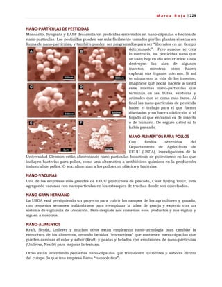 M a r c a R o j a | 229
NANO-PARTÍCULAS DE PESTICIDAS
Monsanto, Syngenta y BASF desarrollaron pesticidas encerrados en nano-cápsulas o hechos de
nano-partículas. Los pesticidas pueden ser más fácilmente tomados por las plantas si están en
forma de nano-partículas, y también pueden ser programados para ser ―liberados en un tiempo
determinado‖. Pero aunque se crea
lo contrario, los pesticidas nano que
se usan hoy en día son crueles: unos
destruyen las alas de algunos
insectos, mientras otros hacen
explotar sus órganos internos. Si así
terminan con la vida de los insectos,
imagínese qué podrá hacerle a usted
esas mismas nano-partículas que
terminan en las frutas, verduras y
animales que se coma más tarde. Al
final las nano-partículas de pesticida
hacen el trabajo para el que fueron
diseñados y no hacen distinción si el
hígado al que entraron es de insecto
o de humano. De seguro usted ni lo
había pensado.
NANO-ALIMENTOS PARA POLLOS
Con fondos obtenidos del
Departamento de Agricultura de
EEUU (USDA), investigadores de la
Universidad Clemson están alimentando nano-partículas bioactivas de poliestireno en las que
incluyen bacterias para pollos, como una alternativa a antibióticos químicos en la producción
industrial de pollos. O sea, alimentan a los pollos con plástico y bacterias.
NANO-VACUNAS
Una de las empresas más grandes de EEUU productora de pescado, Clear Spring Trout, está
agregando vacunas con nanopartículas en los estanques de truchas donde son cosechados.
NANO GRAN HERMANO
La USDA está persiguiendo un proyecto para cubrir los campos de los agricultores y ganado,
con pequeños sensores inalámbricos para reemplazar la labor de granja y expertiz con un
sistema de vigilancia de ubicación. Pero después nos comemos esos productos y nos vigilan y
siguen a nosotros.
NANO-ALIMENTOS
Kraft, Nestlé, Unilever y muchos otros están empleando nano-tecnología para cambiar la
estructura de los alimentos, creando bebidas ―interactivas‖ que contienen nano-cápsulas que
pueden cambiar el color y sabor (Kraft) y pastas y helados con emulsiones de nano-partículas
(Unilever, Nestlé) para mejorar la textura.
Otros están inventando pequeñas nano-cápsulas que transfieren nutrientes y sabores dentro
del cuerpo (lo que una empresa llama ―nanocéutica‖).
 
