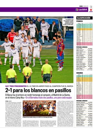 VIERNES 3 FEBRERO 2012
                                                                                                                                                                                                                            3
                                                                                                                                                                                                                           M


                                                                                                                                                                           CLASIFICACIÓN
                                                                                                                                                  Los jugadores del
                                                                                                                                              Barça hacen el pasillo
                                                                                                                                                al Madrid, reciente
                                                                                                                                                                       PRIMERA
                                                                                                                                                campeón de la Liga           Equipos      Ptos.     J     G    E      P GF GC
                                                                                                                                             07-08, en el Bernabéu.     1     R. Madrid       52   20     17   1      2    70     19
                                                                                                                                                                        2     Barcelona       45   20     13   6      1    59     12
                                                                                                                                                                        3     Valencia        36   20     10   6      4     31    22
                                                                                                                                                                        4     Levante         31   20     9    4      7    26     24
                                                                                                                                                                        5     Espanyol        31   20     9    4      7    22     21
                                                                                                                                                                        6     Athletic        29   20      7   8      5    30     25
                                                                                                                                                                        7     Atlético        29   20     8    5      7     31    27
                                                                                                                                                                        8     Málaga          28   20     8    4      8    24     29
                                                                                                                                                                        9     Getafe          27   20     7    6      7    22     26
                                                                                                                                                                        10 Osasuna            27   20     6    9      5    22     32
                                                                                                                                                                        11    Sevilla         26   20     6    8      6     21    22
                                                                                                                                                                        12 R. Sociedad 24          20     6    6      8    22     28
                                                                                                                                                                        13 Betis       23          20     7    2     11    23     29
                                                                                                                                                                        14 Rayo               22   20     6    4     10    23     31
                                                                                                                                                                        15 Mallorca           22   20     5    7      8     17    25
                                                                                                                                                                        16 Granada            22   20     6    4     10     14    27
                                                                                                                                                                        17 Racing             21   20     4    9      7     17    25
                                                                                                                                                                        18 Villarreal         20   20     4    8      8     18    28
                                                                                                                                                                        19 Sporting           18   20     5    3     12     19    38
                                                                                                                                                                        20 Zaragoza           12   20     2    6     12     15    36


                                                                                                                                                                       PRÓXIMA JORNADA
                                                                                                                                                                       Levante - Racing                             S4 | 18.00 h
                                                                                                                                                                       Delgado Ferreiro (vasco)                 C+ Liga 2 / PPV
                                                                                                                                                                       Athletic - Espanyol                          S4 | 18.00 h
                                                                                                                                                                       Fernández Borbalán (andaluz)                Gol T / C+ Liga
                                                                                                                                                                       Mallorca - Betis                             S4 | 18.00 h
                                                                                                                                                                       Velasco Carballo (madrileño)             C+ Liga 2 / PPV
                                                                                                                                                                       Getafe - Real Madrid                         S4 | 20.00 h
                                                                                                                                                                       Ayza Gámez (valenciano)                     Gol T / C+ Liga
                                                                                                                                                                       Barcelona - Real Sociedad                    S4 | 22.00 h
                                                                                                                                                                       Clos Gómez (aragonés)                       La Sexta / Aut.
                                                                                                                                                                       Sporting - Osasuna                           D5 | 12.00 h
                                                                                                                                                                       Pérez Lasa (vasco)                       C+ Liga 2 / PPV
                                                                                                                                                                       Sevilla - Villarreal                         D5 | 18.00 h
                                                                                                                                                                       Del Cerro Grande (madrileño)                Gol T / C+ Liga
                                                                                                                                                                       Zaragoza - Rayo Vallecano                    D5 | 19.45 h
                                                                                                                                                                       Estrada Fernández (catalán)              C+ Liga 2 / PPV
                                                                                                                                                                       Atlético de Madrid - Valencia                D5 | 21.30 h
                                                                                                                                                                       Undiano Mallenco (navarro)                         Canal + 1
                                                                                                                                                                       Granada - Málaga                             L6 | 21.00 h
                                                                                                                                                                       Mateu Lahoz (valenciano)                Gol T / C+ Liga 2



                                                                                                                                                                       SEGUNDA
                                                                                                                                                                             Equipos      Ptos.     J     G    E      P GF GC
                                                                                                                                                                       1     Deportivo    45       22     14   3      5 36 24
                                                                                                                                                                       2 Valladolid       42       22     11   9      2 34       18
                                                                                                                                                                       3 Celta            40       22    12    4      6 36 19
                                                                                                                                                                       4 Almería          39       22    10    9      3 36 22
                                                                                                                                                                       5 Hércules         39       22     12   3       7 24      18
                                                                                                                                                                       6 Córdoba           37      22    10    7      5 23       15
                                                                                                                                                                       7 Elche            37       22     11   4       7 37 23
                                                                                                                                                                       8 Murcia           33       22      9   6       7 28 28
                                                                                                                                                                       9 Alcorcón           31     22     8    7       7 26 24
                                                                                                                                                                       10Barcelona B      30       22     8    6      8 36 32
HAY TRES PRECEDENTES EL ÚLTIMO EN ABRIR PASO AL CAMPEÓN FUE EL BARÇA                                                                                                   11 Numancia 30              22     7    9      6 26 24
                                                                                                                                                                       12 Recreativo 29            22     8    5      9 29 25




2-1 para los blancos en pasillos
                                                                                                                                                                       13 Guadalajara 29           22     8    5      9 23 35
                                                                                                                                                                       14Las Palmas       28       22      7   7      8 28 29
                                                                                                                                                                       15 Sabadell        28       22     7    7       8 27 39
                                                                                                                                                                       16 Xerez           23       22     6    5      11 22 30
                                                                                                                                                                       17 Alcoyano        23       22     5    8      9 23 33
                                                                                                                                                                       18 Villarreal B 22          22     5    7      10 29 36

El Barça fue el primero en rendir homenaje al campeón, al Madrid de La Quinta,                                                                                         19 Cartagena
                                                                                                                                                                       20 Huesca
                                                                                                                                                                                          20
                                                                                                                                                                                          18
                                                                                                                                                                                                   22
                                                                                                                                                                                                   22
                                                                                                                                                                                                          4
                                                                                                                                                                                                          4
                                                                                                                                                                                                               8
                                                                                                                                                                                                               6
                                                                                                                                                                                                                      10 15 26
                                                                                                                                                                                                                      12 24 38

en el mismo Camp Nou • En el Bernabéu hubo dos pasillos, uno para cada equipo                                                                                          21 Girona
                                                                                                                                                                       22 Gimnástic
                                                                                                                                                                                            17
                                                                                                                                                                                            16
                                                                                                                                                                                                   22
                                                                                                                                                                                                   22
                                                                                                                                                                                                          3
                                                                                                                                                                                                          3
                                                                                                                                                                                                               8
                                                                                                                                                                                                               7
                                                                                                                                                                                                                      11 23 36
                                                                                                                                                                                                                      12 18 29



P. POLO ƒ MADRID                                                                                                                   Pero el Barça también había         PRÓXIMA JORNADA
No es fácil presenciar un pasillo                                                                                                pasado antes por ese trago de         Villarreal B - Barcelona B                   V3 | 21.00 h
                                                                                                                                                                       Arcediano Monescillo (cast. manchego) Gol T / C+ L
de campeón del Madrid al Bar-                                                                                                    hacer pasillo a los blancos en su
                                                                                                                                                                       Recreativo - Deportivo                       S4 | 16.00 h
celona o viceversa. Son pocas                                                                                                    propio estadio. Fue en mayo del
                                                                                                                                                                       Piñeiro Crespo (asturiano)                     MARCA TV
veces y suelen coincidir con una                                                                                                 88. El Madrid de la Quinta del        Huesca - Sabadell                            S4 | 18.00 h
excelente temporada de uno y                                                                                                     Buitre se había proclamado            Pino Zamorano (cast. manchego)                  Aragón TV
una calamitosa del otro, al me-                                                                                                  campeón una jornada antes. Era        Xerez - Alcorcón                             S4 | 18.00 h
nos en el campeonato de Liga.                                                                                                    la tercera Liga consecutiva y los     Sánchez Martínez (murciano)
   El último precedente ocurrió                                                                                                  azulgranas, con Luis Aragonés         Numancia - Alcoyano                          S4 | 18.00 h
                                                                                                                 ARCHIVO MARCA




en el Bernabéu, en la temporada                                                                                                  en el banquillo, abrían paso a un     Vicandi Garrido (vasco)
2007-2008. El Barça de Rijkaard                                                                                                  Madrid en pleno reinado.              Almería - Córdoba                            S4 | 18.00 h
se agotaba, pero hubo que hacer-                                                                                                   Son tres pasillos entre los eter-   Valdés Aller (castellano leonés)               Canal Sur 2
                                                                                                                                                                       Elche - Girona                               S4 | 18.00 h
le pasillo al eterno rival antes de                                                                                              nos rivales, dos hizo el Barça y
                                                                                                                                                                       Arias López (cántabro)           Canal Nou 2 / Esports 3
dar carpetazo al ciclo del holan-     El Madrid hace pasillo al Barça en la 90-91 en el Santiago Bernabéu.                       uno el Madrid. En los tres casos
                                                                                                                                                                       Celta - Murcia                               S4 | 18.00 h
dés. Los azulgranas llegaban ya                                                                                                  siempre hubo uno de los dos           De Burgos Bengoetxea (vasco)                  Tvg 2 / 7 RM
al Clásico a 14 puntos, que pasa-                                                                                                equipos en crisis. Los jugadores      Las Palmas - Guadalajara                    S4 | 18.30 hp
ron a ser 17 con la goleada (4-1).    de 1991 los blancos abrían paso a      dolieron prendas pese a que los                     de uno y otro equipo siempre          Sureda Cuenca (balear)                        GOL T / C+L
   Fue doloroso también para el       Zubizarreta y compañía. Era la         azulgrana habían cantado el ali-                    han mostrado una deportividad         Cartagena - Hércules                         D5 | 12.00 h
Madrid hacerle un pasillo al Bar-     primera Liga de la era Cruyff, cu-     rón cuatro jornadas antes. Llega-                   exquisita a la hora de hacer pa-      Lesma López (madrileño)                            Canal + 1
celona en su propia casa. Una tar-    yo reinado se prolongó tres tem-       ban ya a esa última jornada de                      sillo. Entre las aficiones, siem-     Valladolid - Nàstic                          D5 | 16.00 h
de soleada de domingo de junio        poradas más. A los blancos no le       Liga de Clásico a 13 puntos.                        pre hubo división de opiniones.       Mariscal Sánchez (andaluz)                  Gol T / C+ Liga
 