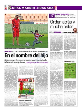 SÁBADO 7 ENERO 2012
  8
 M                  REAL MADRID - GRANADA
                                                                                                                                          EL RIVAL      BIEN TRABAJADO / No se
                                                                                                                                           M          complica la vida y todos intentan
                                                                                                                                                      defender sin renunciar al ataque.



                                                                                                                                         Orden atrás y
                                                                                                                                         mucho balón
                                                                                                                                        ASÍ ES EL GRANADA                POR ENRIQUE ORTEGO

                                                                                                                                         Está el Granada donde está          conlleva. Lo normal es que hoy
                                                                                                                                         (13º) por los pocos goles que       con Cristiano enfrente no se
                                                                                                                                         recibe (16), los mismos que el      prodigue tanto.
                                                                                                                                         Valencia. Sólo el Barça (8) y el      Los dos mediocentro equili-
                                                                                                                                         Madrid (15) han encajado me-        bran bien el bloque. Yebda lle-
                                                                                                                                         nos en estas 16 jornadas. Por       ga más que Fran Rico, que in-
                                                                                                                                         el contrario, es el equipo me-      tenta mantener más la posi-
                                                                                                                                         nos goleador. Sólo diez dianas      ción y hacer ayudas a sus la-




                                                                                                                  MIGUEL ANGEL MOLINA
                                                                                                                                         y nueve partidos sin haber          terales. Si Martins es titular
                                                                                                                                         marcado es un balance peligro-      se coloca por la zona central,
                                                                                                                                         so, a la vez que extraño porque     detrás de la referencia ofensi-
                                                                                                                                         los de Fabri no son exactamen-      va y se mueve bien entre lí-
                                                                                                                                         te un equipo de corte defensi-      neas con buenos pases inte-
Carlos Martins juega con su hijo en un entrenamiento del Granada en Los Cármenes.                                                        vo: cuando atacan llegan al         riores para la velocidad de
                                                                                                                                         área normalmente con un mí-         Uche y Benítez.
                                                                                                                                         nimo de cinco hombres.
MARTINS EL JUGADOR DEL GRANADA SE MIDE A SU AMIGO CR7                                                                                                                        JUEGO DE ATAQUE. El hom-


                                                                                                       5                                 JUEGO COLECTIVO. Tiene              bre que juega arriba, Ighalo,




En el nombre del hijo
                                                                                                                                         bien claro Fabri cómo debe su       ahora, pero también lo han he-




                 N                                                                                   Z                                   equipo ocupar los espacios.
                                                                                                                                         Su sistema de partida es el 1-
                                                                                                                                         4-2-3-1 con variantes depen-
                                                                                                                                         diendo de que defienda (1-4-
                                                                                                                                                                             cho Uche y Geijo, se pega a los
                                                                                                                                                                             centrales y está en constante
                                                                                                                                                                             movimiento para crear espa-
                                                                                                                                                                             cios a sus compañeros de la se-


Cristiano se volcó con su compatriota cuando se enteró de la
enfermedad de su hijo Gustavo, que sigue esperando un donante                       G O                                                  1-4-1) o ataque (1-3-2-5). Su
                                                                                                                                         cualidad principal es que to-
                                                                                                                                         das sus líneas se mantienen
                                                                                                                                         juntas tanto cuando tiene el
                                                                                                                                         balón como cuando debe re-
                                                                                                                                                                             gunda línea. Cualquiera de


                                                                                                                                                                               EN DEFENSA: (1-4-1-4-1)
                                                                                                                                                                                                                (1-5-4-1)

                                                                                                                                         cuperarlo. Quiere la posesión                            13
                                                                                                                                                                                               Roberto
                                                                                                                                         e intenta salir jugando con to-                                           Siqueira
JULIO PINERO ƒ GRANADA                a entregar juguetes a los niños        nidad de dedicarle un gol. El cen-                          ques cortos para explotar su           2            8             15            6
Hoy será un día muy especial pa-      ingresados en ese centro sanita-       trocampista portugués del equi-                             buen juego por las bandas con
                                                                                                                                                                              Nyon       I. López         Diakhaté
ra Carlos Martins. El jugador         rio granadino.                         po rojiblanco reconoce que se ha                            laterales profundos y extre-
portugués del Granada se reen-          Martins tendrá hoy la oportu-        pasado muchas noches sin dor-                               mos muy rápidos.                                4                      19
contrará con su amigo Cristiano       nidad de ser titular con el Grana-     mir y ha recibido permiso para
                                                                                                                                                                                     F. Rico                 Yebda
Ronaldo, que encabezó un movi-        da en el Santiago Bernabéu y en        viajar a Portugal durante algu-                             JUEGO DEFENSIVO.Un
miento a través de las redes so-      su cabeza estará en todo momen-        nas semanas. Junto a Mónica, su                             buen portero, Roberto, da se-
ciales tras hacerse pública la en-    to su hijo Gustavo, de 3 años. An-     esposa, y el resto de su familia                            guridad a una zaga que no se               20              17               10
fermedad que sufre Gustavo, el        te el Mallorca ya tuvo la oportu-      está luchando para que la enfer-                            complica la vida. Los cuatro          Uche              Martins          Benítez
hijo de Martins. CR7 solicitó que                                            medad de su hijo tenga curación.                            hombres más retrasados se                                  7
se donara sangre para buscar                                                        “Dios nos va a ayudar para                           cierran mucho y basculan bien
                                                                                                                                                                                                 Ighalo
un donante compatible de mé-                                                     conseguirlo”, ha repetido nu-                           siempre hacia la zona donde
dula ósea que sirva para curar                                                   merosas veces. El jugador,                              esté el balón. Los laterales son
la aplasia medular que padece.                                                   cedido por el Benfica, es uno                           un tanto anárquicos en las
   “Para mí Cristiano es lo me-                                                  de los futbolistas más queri-                           marcas. Uno de los dos medio-
jor que hay como persona, lo                                                     dos por la afición del Grana-                           centro ayuda mucho en esa fa-       ellos tiene velocidad y desbor-
conozco desde hace años y es                                                     da. Y también por sus compa-                            ceta destructiva, aunque el         de. Finalizan pocas jugadas
tan impresionante como lo es                                                     ñeros de la selección portu-                            compromiso en este sentido es       para las acciones ofensivas
como jugador. Una máquina y                                                     guesa, que se volcaron con él                            global: el otro mediocentro y       que crean, sobre todo con las
una bandera para Portugal”,                                                     cuando el médico de la Fede-                             los tres hombres de la media        llegadas por fuera. Posicional-
asegura Martins. En noviem-                                                     ración lusa explicó en el ves-                           punta también trabajan en el        mente en esta fase del juego
bre se hizo público el mal que                                                  tuario, tras consumarse la cla-                          repliegue rápido a su campo.        siempre hay dos hombres bien
sufre uno de sus tres hijos. Se                                                 sificación para la Eurocopa, el                            No apuestan por la presión        abiertos para darle amplitud al
le detectó en el mes de sep-                                                    problema que padece Gusta-                               arriba, aunque a veces la ha-       ataque. Poco remate.
tiembre y desde entonces reci-                                                  vo, que ha acudido a numero-                             cen, pero prefieren ordenarse
be tratamiento.                                                                sos partidos esta temporada                               en su terreno y buscar la anti-     JUEGO A BALÓN PARADO.
   Esta misma semana ha pa-                                                    para ver jugar a su padre.                                cipación.                           Puede que sea uno de sus pun-
sado unos días ingresado en                                                       El centrocampista interna-                                                                 tos más vulnerables. En ata-
el Hospital Materno Infantil                                                   cional del Granada nunca ha                               JUEGO DE MEDIO CAMPO.               que es bastante convencional
de Granada, donde ha recibi-                                                   tenido la oportunidad de jugar                            Quiere tener el balón pero no       en los córners y en las faltas,
do tratamiento para intentar                                                   en el Santiago Bernabéu, aun-                             se entretiene mucho en la tran-     casi siempre con saques direc-
aumentar sus defensas en el                                                    que sí le ha marcado un gol en                            sición. Prefiere salir rápido con   tos donde llegan los centrales.
organismo mientras aparece                                                     un 2-3 con el Recreativo: “Nos                            toques en corto y buscando          Benítez es su especialista. En
un donante de médula ósea                                                    vamos a medir a los mejores, pe-                            siempre las bandas donde los        defensa arriesga mucho con
que sea compatible.                   VOLCADOS CON GUSTAVO                   ro creo que si tenemos suerte y                             laterales doblan por fuera a los    una zona total y poco agresiva,
   Precisamente, algunos juga-        s El fútbol español se volcó con       aprovechamos nuestras armas                                 interiores-extremos, sobre to-      que permite al rival rematar
dores del Granada tuvieron la         Martins en su búsqueda de un do-       podemos sacar algo bueno. En                                do Nyon, que se pasa más            en muchas ocasiones. El Le-
oportunidad de visitarle el pasa-     nante de médula compatible para su     el terreno de juego no voy a te-                            tiempo en campo rival que en        vante en el último partido mar-
do miércoles, cuando acudieron        hijo, que sigue esperando.             ner amigos”.                                                el suyo con el riesgo que ello      có a la salida de un córner.
 