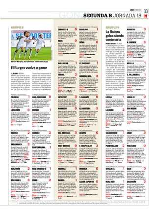 LUNES 9 ENERO 2012
                                                                                                                                                                                                                                                                                                                 33
                                                                                                                        GONZC5 B JORNADA 19
                                                                                                                            SEGUNDA                                                                                                                                                                               M

                                                                                                                        Ciudad Deportiva 200 espectadores                Campo del Centenari 1.100 espectad.                                                            Los Bajos 300 espectadores
   GRUPO II                                                                                                                                                                                                              GRUPO IV
                                                                                                                        ZARAGOZA B                              0        BADALONA                                  1                                                    ROQUETAS                                 0
                                                                                                                        Kilian (2); Roy (1) ( Z42’ Brian) (A) (1),
                                                                                                                        Sergi (2), Oriol (1), Forniés (2), Joshua
                                                                                                                                                                         Marcos (2); Ferrón (A) (3), Álex García
                                                                                                                                                                         (2), Robles (2), Pelegrí (A) (2), Xavi
                                                                                                                                                                                                                         La Balona                                      José Miguel (2); Óscar Prat (0), Miro (1),
                                                                                                                                                                                                                                                                        Fran López (1), Juanje (A) (2), De Gomar
                                                                                                                        (A) (1), Kevin (1) ( Z65’ Ness) (1), Joel (2),
                                                                                                                        Jorge (A) (1), Nierga (2) y Ortí (1)
                                                                                                                                                                         Muñoz (2), Joaquín (A) (3) ( Z82’
                                                                                                                                                                         Ceballos) (1), Pugui (2) ( Z50’ Robert)         golea siendo                                   (1), Beltrán (A) (1), Manolo (1) ( Z75’
                                                                                                                                                                                                                                                                        Popo) (0) ( Z87’ Khalid) (-), José Pablo
                                                                                                                        ( Z87’ Matas) (-).                               (2), Víctor (AA 74’) (2), Manga (2)                                                            (1) ( Z55’ Edu Silva) (0), Javicho (1) y

                                                                                                                        REUS                                    0
                                                                                                                                                                         ( Z89’ Gallegos) (1) y Manolo Bueno (2).        centenaria                                     Zamora (1).

                                                                                                                        Ángel (2); Edu Vives (2), Sangrá (2),
                                                                                                                                                                         DÉNIA                                   0       FRANCIS HEREDIA ❙ LA LÍNEA
                                                                                                                                                                                                                                                                        B. LINENSE                               3
                                                                                                                        Socías (1), Roberto (1), Alemán (A) (2),         Iván Vidal (2); Gomis (2), Manu (A) (2),        La Balompédica Linen-                          Pagola (1); Francis (2), Romerito (2),
                                                                                                                        Taranilla (1) ( Z75’ Jorge) (1), Marques         Pomar (2), Ballester (2), Chumillas (2),                                                       Olmo (2), Gallardo (2), Merino (2), Ismael
                                                                                                                        (1), P. Álvarez (1) ( Z58’ Trujillo) (1),        Dani González (AA 80’) (2), Pifarre (2),        se no podía celebrar                           (1) ( Z65’ Ezequiel) (1), Bello (1) ( Z81’
                                                                                                                        Chumbi (A) (2) y Masque (1)                      David Verdú (A) (2) ( Z71’ Juanma) (A)          mejor sus 100 años de                          Juampe II) (-), Juampe I (2), Ocaña (A) (2)
                                                                                                  MARIAM A.MONTESINOS
                                                                                                                        ( Z68’ Durán) (1).                               (1), Gregori (A) (1) ( Z62’ Ufarte) (1) y       vida que con una golea-                        ( Z76’ Domingo) (1) y David Fernández (3)
                                                                                                                        ÁRBITRO: Gorostegui Fernández                    Pau Franch (2).                                                                                ÁRBITRO: Chavet García (andañuz)
                                                                                                                                                                         ÁRBITRO: González González                      da. Dicho y hecho. El                          (3). GOLES: 0-1 23’ David
                                                                                                                        (vasco) (1).
                                                                                                                                                                         (balear) (1).                                   conjunto de La Línea de                        Fernández ● 0-2 49’ Juampe I
                                                                                                                                                                         GOL: 1-0 56’ Joaquín                            la Concepción se deshi-                        ● 0-3 80’ David Fernández
                                                                                                                                                                                                                         zo ayer sin mayores
                                                                                                                        Son Bibiloni 110 espectadores                    Estadio Balear 2.500 espectadores                                                              Álvarez Claro 400 espectadores
   Marcos Márquez, del Salamanca, celebrando un gol.                                                                                                                                                                     problemas (0-3) del Ro-
                                                                                                                        MALLORCA B                                1      AT. BALEARES                              1     quetas en un encuentro                         MELILLA                                    1
                                                                                                                        Yeray (1); Company (A) (2), Víctor (1),          Ribas (1); Izquierdo (A) (0), Martín (0),       sin demasiada historia.                        Dorronsoro (2); Moyano (1), Raúl García
   El Burgos vuelve a ganar                                                                                             Mateo (1), Pablo (A) (1), Uche (1), Aridai
                                                                                                                        (1) ( Z51’ Xisco) (2), Nico (1), Páez (2)
                                                                                                                                                                         Quesada (A) (0), Angulo (0), Mathias (0)
                                                                                                                                                                         ( Z78’ Peter) (-), Sánchez (A) (0),
                                                                                                                                                                                                                           El club decano del
                                                                                                                                                                                                                         campo de Gibraltar
                                                                                                                                                                                                                                                                        (1) ( Z72’ Aznar) (-), Povedano (A) (1),
                                                                                                                                                                                                                                                                        Fragoso (1), Solabarrieta (1), Samuel (2),
                                                                                                                        ( Z72’ Abdón) (1), Álvaro (A) (2) ( Z61’         Abraham (1), Diop (0) ( Z56’ Lawal) (A)                                                        Granada (1) ( Z67’ A. Ramos) (-), Edgar
                                                                                                                        Gallar) (1) y Dídac (AA 73’) (0).                (0), Perera (0), Dani (0) ( Z64’ Antoñito)      cumplió su centenario                          (1), Katxorro (1) y Rubén Cruz (2).
   J.L.ALARMA ❙ SEGOVIA                           Tomé han empezado el                                                                                                   (-).                                            el pasado miércoles día
   El Burgos volvió a su-                         nuevo año con un triun-                                               TERUEL                                  2                                                        4, jornada en la que se                        S. VILLANUEVA                              1
   mar tres puntos después                        fo que les permite coger                                              Bodo (1); Pablo García (1), Raúl Muñoz
                                                                                                                                                                         HURACÁN VAL.                             2      celebró el acto princi-                        Camacho (3); Albiol (A) (2), Silva (2) ( Z81’
   de seis jornadas sin co-                       un poco de aire para la                                               (1), Ismael (1), Monforte (A) (2), César (1)     Paco (1); Alexis (A) (1), Amarilla (1), Ruso    pal para conmemorar el                         Zapata) (-), Parra (2), Martínez (2), Belfortti
                                                                                                                        ( Z71’ Álex Sánchez) (1), Gerardo (1)            (1), Mateos (A) (1), Omar (1), Moreno (A)                                                      (2), Dudi (A) (2), Yeyo (A) (2), Lezaun (A)
   nocer la victoria. La úl-                      segunda vuelta y co-                                                  ( Z73’ David Feito) (2), Valleros (A) (2),       (1), Hernández (1), Vidal (1) ( Z71’ Agudo)     aniversario. En él, afi-                       (2), Kike Vázquez (2) ( Z89’ Nando) (-) y
   tima vez que vencieron                         menzar la lucha por la                                                Bruno (1), Souto (2) ( Z86’ Chirri) (-) y        (1), David Far (2) ( Z88’ Cuesta) (-),          ción, directiva y juga-                        Pérez (1) ( Z33’ David Pino) (2).
   fue en casa de la Real                         salvación. Los burgale-                                               Negral (A) (1).                                  Williams (1) ( Z78’ Morgado) (A) (-).           dores se reunieron pa-                         ÁRBITRO: Perdigones Pacheco
   Sociedad B en la jorna-                        ses todavía no conocen                                                ÁRBITRO: Pulido Santana (canario)                ÁRBITRO: Simón del Pino (catalán) (1).          ra festejar la longevi-                        (andaluz) (3).
                                                                                                                        (2).
   da 13. Los de Álvarez                          la victoria en El Plantío.                                                                                             GOLES: 0-1 56’ David Far ● 1-1                  dad de La Balona.                              GOLES: 0-1 24’ Samuel ● 1-1 65’
                                                                                                                        GOLES: 1-0 9’ Paéz ● 1-1 46’
                                                                                                                                                                         61’ Abraham ● 1-2 77’ David Far                                                                David Pino
                                                                                                                        Souto ● 1-2 53’ Valleros

   Balastera 1.700 espectadores                   La Albuera 1.700 espectadores                                         El Clariano 800 espectadores                     Municipal Mahonés 250 espectadores              Ciudad de Lucena 2.000 espectadores            Artés Carrasco 600 espectadores

   PALENCIA                                1      GIMN. SEGOVIANA                         0                             ONTINYENT                               3        S. MAHONÉS                              0       LUCENA                                   1     LORCA AT.                                0
   Mario Ruyales (2); Durántez (2), Castán        Duran (2); Chema (1) ( Z75’ Terleira) (2),                            Alberto (2); Alegre (2), Óscar (2), Borja        Marc (2); Ignasi (1), Barber (AA 47’) (1),      Coca (1); Fran González (1), Mario (1),        Manolo (2); Gavilán (1), Aarón (1),
   (2), Rubén López (2), Héctor (A) (2);          Ricardo (2), Fran (A) (2), Cajoto (2)                                 (A) (2), Álex (2), Forte (2), Urrea (3)          Micalo (2), Sergio (2), Berto (2), Goñi         Obregón (1), Germán (1); Sarmiento (1) (       Olivares (1), Alfonso (2), Casabella (A) (1)
   Pelayo (2), Yuste (A) (2), Reyes (A) (2)       ( Z80’ Font) (2), Manu (2) ( Z45’                                     ( Z50’ Raúl Muñoz) (1), Salero (3), Béjar        (2), Lamín (2), Del Moral (A) (2), Sergio       Z66’ Fede) (1); Quini (1), Rubén Cuesta        ( Z67’ Miguel Ángel) (1), Heredia (1)
   ( Z91’ Yepes) (-); Jandro (2)                  Mariana) (A) (2), Dani Palacios (R 77’)                               (3) ( Z79’ Bardolet) (1), Kikín (2) ( Z67’       Ayala (2) ( Z83’ Méndez) (1) y Corbella         (1) ( Z63’ Hugo Díaz) (1), Jesús Lanza (1),    ( Z64’ Campillo) (1), Juanjo (1), Diego (1),
   ( Z67’ Molino) (1), Carril (2), Canario (A)    (1), Jesús Alonso (2), Pino (2), Victor                               Carlitos) (A) (1) y Javi Gómez (R 52’) (0).      (2).                                            Javi Lara (1); y Matías Saad (2) ( Z71’        Nico (A) (1) y Hugo Salamanca (A) (1).
   (2) ( Z74’ Sergi Gómez) (1),                   Pérez (2), Maikel (A) (2).                                                                                                                                             Pineda) (1).
                                                                                                                        MANACOR                                 0        LLAGOSTERA                              3                                                      SAN ROQUE                                0
   LOGROÑÉS                               0       BURGOS                                   1                            Gaspar (1); Julio (2), Petete (1), Barbón        Wilfred (2); Boades (1), Óscar (2), Aimar
                                                                                                                                                                                                                         LA UNIÓN                               2       José Ramón (2); Sergio Sánchez (1),
   Castilla (2); Ormazábal (1), Nacho             Aurreko (2); Gonzalo (2), Castells (1)                                (A) (1) ( Z67’ Borete) (1), Artabe (2), Abel     (2), Barón (A) (1) ( Z46’ Masó) (A) (1),        Emilio (1); Javi Rosa (1), Georgi (A) (1),     Raúl (1), Carlés Marc (A) (1), Moscardó
   Fernández (A) (1) ( Z84’ Kike) (-), Vélez      ( Z15’ Enric) (A) (2), Jose Rodríguez (2),                            (AA 52’) (1), Rafa (1), Campins (A) (1),         Eloi (2), Virgili (2) ( Z56’ Enric) (1),        López (1), Manolín (2); Quinín (1) ( Z65’      (A) (1) ( Z72’ Morant) (1), Rojas (1),
   (1), Iñaki (1); Albístegui (2), Manu García    Urbano (2); Nico Chietino (A) (1)                                     Nico (1), Llull (2) ( Z57’ Luis García) (1) y    Pedrito (2), Tarradellas (2) ( Z70’             David Valdeolivas) (1), Ángel Valdeolivas      Melchor (1), Lobato (A) (1) ( Z45’ Adrián)
   (A) (1) ( Z72’ Osado) (1); De Paula (2),       ( Z85’ Elías) (1), Sergio Torres (1), Iray                            Gili (2) ( Z57’ Galmes) (1).                     Alcover) (A) (1), Edu Pí (2) y Uri (A) (2).     (1); Tito (1) ( Z46’ Álvaro) (1), Pico (1),    (1), Urko Arroyo (1) ( Z82’ Óscar) (1),
   Alejandro (1), Durán (A) (1); Cervero (1).     (2), Troiteiro (2) ( Z77’ Colina) (A) (2),                                                                             ÁRBITRO: Ramos Rodríguez (cana-                 Kiko (1); y Arturo (2) ( Z78’ Antonio) (1).    Rubio (A) (1) y Berrocal (2).
   ÁRBITRO: González Esteban (vasco)              Yahvé Prieto (3) y Arkaitz (2).                                       ÁRBITRO: Sánchez Rico (catalán) (1).             rio) (1). Amonestó a Matí Borsot, técnico del   ÁRBITRO: Gálvez Rascón (madrileño)
   (2).                                           ÁRBITRO: Abraham Abad (valenciano)                                                                                     Sporting Mahonés.                               (1).                                           ÁRBITRO: Medina Méndez (valemcia-
                                                  (1).                                                                  GOLES: 1-0 13’ Urrea ● 2-0 39’                                                                   GOLES: 1-0 15’ Matías Saad                     no) (2).
   GOL: 1-0 53’ Carril                                                                                                                                                   GOLES: 0-1 39’ Uri ● 0-2 48’
                                                                                                                        Javi Gómez ● 3-0 53’ Salero                                                                      ● 1-1 44’ Manolín ● 1-2 59’
                                                  GOL: 0-1 15’ Yahvé                                                                                                     Eloi ● 0-3 67’ Uri
                                                                                                                                                                                                                         Arturo

   Ruta de la Plata 4.200 espectadores            Municipal 500 espectadores                                            Mini Estadi 600 espectadores                     Murta 800 espectadores                          Romero Cuerda 600 espectadores                 Ramón de Carranza 6.834 espectado.

   ZAMORA                                 2       GUIJUELO                                2                             VAL. MESTALLA                           3        OLÍMPIC                                 0       VILLANOVENSE                             1     CÁDIZ                                    3
   Sergio (A) (1); Prada (1), Fran (3),           Montero (2); Óscar Valero (1), Jonathan                               Anselmo (1); Joel (3), Tano (A) (2), Pol         Francis (1); Rifaterra (A) (1), Sergio          Javi Muñoz (1); Tomillo (A) (1), Cobos (1)     Aulestia (1); De Coz (1), Goikoetxea (1)
   Garretas (1) ( Z83’ Matador) (-), Manu         Martín (2), Toño Vázquez (2), Molo (A)                                (2), Salva Ruiz (2); Marc Castells (2),          Heras (1) ( Z64’ Floro) (AR 90’) (0),           ( Z80’ Juanjo) (-), Javi Sánchez (A) (1),      ( Z59’ Serrano) (1), Murillo (2), Góngora
   Arias (2) ( Z61’ Marín) (1); Jairo (2),        (1); Iturralde (1), Iván Mateo (2)                                    Miñano (2) ( Z63’ Montoro) (A) (1),              Mendoza (A) (1), Alcázar A( (1) ( Z50’          Trinidad (1); Pajuelo (2); Borja Gil (1);      (1), Héctor Yuste (1), Óscar Pérez (2),
   Josete (2), Jacobo (2), Juanra (2) ( Z92’      ( Z89’ Tejedor) (-), Chema (2)                                        Robert (1) ( Z54’ Carles Salvador) (1),          Rubén) (1), Alcolea (1), Nando (1),             Anxo (3), Sergio Narváez (3) ( Z69’            Ferreiro (1) ( Z59’ Juanse) (1), Dioni (2)
   Santos) (-); Hernández (2) y Jona (3).         ( Z81’ Eneko Eizmendi) (2), Gascón (1);                               Bernat (3); Pardo (2) ( Z77’ Cristian) (1)       Quintana (1), Fran Moreno (1) ( Z57’            Moraga) (1), Óscar (3) ( Z80’ Paulino)         ( Z74’ Akinsola) (A) (1), Toti (1) y Juanjo
                                                  Teté (1) y Edu Espada (2) ( Z77’ Koeman)                              y Alcácer (2).                                   Fuentes) (1), Vaquero (1) y Da Silva (1).       (-); y Willy (2).                              (2).
   SALAMANCA                              2       (A) (1).
                                                                                                                        SANT ANDREU                             0        L´HOSPITALET                             2      PUERTOLLANO                            2       POLI EJIDO                               0
   Bernabé (2); Andrés (2), Iván (A) (2),
   Yuma (A) (1) ( Z46’ Carlos) (2), José
                                                  PONFERRADINA                             1                            Morales (1); Fran Grima (1) ( Z72’ Arnau)        Craviotto (1); Iván Hammouch (1), Manu          Limones (1); Juanlu (1), Manu Maya (1),        Dani Miguélez (1); Pepe (0), Paco (1),
   Ángel (A) (1); De Lucas (2), Marcos            Orlando (1); Pepe (1), Sergio (2)                                     (1), Dídac (1), Moyano (1) ( Z85’ Borja)         Viale (1), Lucas Viale (A) (1), Guillem (A)     Raúl Aguilar (A) (1), Portela (A) (1); Raúl    Raúl Fernández (1), D. Fernández (1),
   Márquez (A) (3), Lempereur (2), Gómez          ( Z70’ Mayor) (1), Samuel (1), Alan (2);                              (-), Rubén (2); Melo (2), Marc Martínez          (1), Rubén (A) (1), David Haro (1) ( Z65’       Medina (A) (1), Checa (A) (1); Pizarraya       Juanito (1), Rubén Rivera (1), Fran
   (1) ( Z40’ Reyes) (2); García (2) ( Z81’       Carlos Ruíz (A) (1), Borja Sánchez (2)                                (A) (2), Llobet (2) ( Z58’ Nakor) (1), Quim      Pedraza) (1), Ángel Sánchez (2) ( Z85’          (1) ( Z94’ Reguero) (-), Guerra (1), Pedro     Cortés (1) ( Z86’ Dani Cara) (-), Ximo
   Muñoz) (-) y Hernández (2). ÁRBITRO:           ( Z79’ Javi Navarro) (1), Joni (A) (1),                               Araujo (3); Xavi Jiménez (2) y Eloi (2).         Manel) (-), David Prats (2), Pitu (1) y         Díaz (1) ( Z67’ Carrascosa) (A) (1); y         Forner (1), Antonio (1) ( Z26’ Joseíllo) (1),
   Fernández Pérez (asturiano) (3).               Acorán (2); Mateo (1) y Yuri (2).                                     ÁRBITRO: Hernández Lorenzo (rioja-               Aday (A) (1) ( Z91’ Corominas) (-).             Elton (2) ( Z88’ Juanfri) (A) (-).             Prieto (1) ( Z72’ Cantarutti) (1).
   Amonestó al técnico visitante. GOLES:          ÁRBITRO: Santos Caballero (extre-                                     no) (1).                                         ÁRBITRO: López Martínez (murciano)              ÁRBITRO: López Amaya (andaluz) (1).            ÁRBITRO: Vizuete Sánchez (andaluz)
   1-0 28’ Jona (p) ● 1-1 51’ Marcos              meño) (1).                                                                                                             (1).                                                                                           (1).
   Márquez ● 1-2 72’ Marcos                                                                                             GOLES: 1-0 24’ Bernat ● 2-0                                                                      GOLES: 1-0 20’ Willy ● 1-1 36’                 GOLES: 1-0 27’ Murillo ● 2-0
                                                  GOLES: 1-0 62’ Iturralde ● 2-0                                                                                         GOLES: 0-1 32’ David Prats
   Márquez (p) ● 2-2 82’ Jona                                                                                           48’ Portu ● 3-0 81’ Alcácer                                                                      Pedro Díaz ● 1-2 73’ Guerra                    43’ Juanjo ● 3-0 56’ Dioni
                                                  69’ Edu Espada ● 2-1 78’ Yuri                                                                                          ● 0-2 50’ Ángel Sánchez

   Stadium Gal 2.000 espectadores                 Zubieta 1.200 espectadores                                            Juan Antonio Endeiza 1.000 espectad.             Los Arcos 700 espectadores                      Ciudad Deportiva 550 espectadores              San Pablo 800 espectadores

   REAL UNIÓN                             2       REAL SOCIEDAD B                          1                            ANDORRA                                   1      ORIHUELA                                0       SEVILLA AT.                              1     ÉCIJA                                    0
   Otermín (2); Bolaños (2), Lacruz (1),          Royo (1); Plaza (A) (1), Castañeda (1),                               Unai (1); Jael (2), Remacha (1), Gil (2),        Unai Alba (1); Álex García (2), Benja (2)       Julián (1); Morales (1), Deivid (1), Atienza   Ramón (R 59’) (1); Fali (0), Alejo (A) (0),
   Santos (A) (1), Yuri (A) (2) ( Z75’ Infante)   Gaztañaga (A) (1), Zaldúa (A) (1), Errasti                            Pedro Lozano (A) (2), Reche (2), Nacho           ( Z85’ Fleki) (-), Carlos Delgado (2),          (1), Alberto Moreno (1), Jozabed (2),          Carrasco (A) (0), Menéndez (1), Iván
   (1); Beobide (1), Chuchi (1) ( Z52’ Mario)     (1) ( Z83’ Sangalli) (-), Ros (1), Pardo (1),                         Gómez (1) ( Z69’ Vicente Pascual) (1),           Navarro (2); Mario Arques (2), Manrique         Salva (1) ( Z73’ Jesús Alfaro) (1), Hugo       Moya (R 15’) (0), Abel Segovia (A) (0),
   (A) (2), Barranco (1), Alegre (1); Angulo      Colinas (1) ( Z64’ Hervías) (1), Ozkoidi                              Miramón (A) (3), Morales (A) (2), Fonsi          (2); Teo (A) (2) ( Z54’ Ibán Espadas) (1),      (A) (2) ( Z91’ Alejandro) (-), Menudo (2)      Requena (1) ( Z60’ Juan Pablo) (0),
   (1), Brit (A) (1) ( Z61’ Romo) (1).            (2) ( Z67’ Hernández) (1) y Barcina (1).                              (1) y Míchel Sanz (1) ( Z56’ Josete) (1)         Cases (2) ( Z90’ Miguel Ángel) (-), Óscar       ( Z62’ Tano) (1), Jairo Caballero (AA 64’)     Honorio (1) ( Z61’ Mancilla) (1), Migue (1)
                                                                                                                                                                         Rico (A) (2); Dani Gómez (A) (2).               (1) e Hiroshi (1).                             ( Z54’ Carlos Vlaverde) (0) y Ortiz (A) (1).
   OSASUNA B                              3       EIBAR                                   2                             GANDÍA                                    1
   Elías (2); Marcos (2), Cacicedo (A) (2),       Irureta (1); Bóveda (1), Erdozia (1),                                 Burguera (2); Romera (1), Verdú (2),
                                                                                                                                                                         LLEIDA ESPORTIU                         0       REAL JAÉN                                1     CACEREÑO                                 2
   Postigo (2), Eslava (2); Hermosa (2),          Añíbarro (1), Espín (1), Ros (1),                                     Berna (1), Dennís (A) (2) ( Z85’ Nacho           Víctor (1); Pau (2), Jerson (2), Mikel (2),     Toni García (2); Carlos (A) (1), Servando      René (2); Palero (A) (2) ( Z65’ Israel
   Moisés (3), Carnicer (3) ( Z66’ Bari) (1),     Lombraña (A) (1), Abaroa (1)                                          Verdés) (-), San Juliám (2), Rafa Belda          Ramón Verdú (A) (2); Jorge (2) ( Z88’           (2), Fabios (1), Álex Cruz (A) (1), Juanma     Jerez) (2), Tomás (2), Mario Carrizosa
   Torres (3) ( Z80’ Unai) (1); Omar (2) y        ( Z78’ Arroyo) (-), Altuna (1) ( Z68’ Valin)                          (1) ( Z77’ Garrido) (1), José Ruiz (AA 75’)      Miki) (-), Jaume (2), Carlos (A) (2), Jesús     (R 94’) (0), Josémari (1) ( Z82’ Vidal) (-),   (3), Dieguito (2), Lolo (2), Curro (2),
   Manuel (3) ( Z83’ Mariano) (1).                (1), Mainz (1) ( Z58’ Gabri) (1) y                                    (1), Aicart (1), Loren (A) (2) y Mauro           Imaz (AA 78’) (2); Asier (2) y Ballesteros      De la Mota (1), Joselu (A) (1) ( Z65’          Jaraíz (2), Alex (2) ( Z81’ Elías) (-), Pedro
   ÁRBITRO: Herrero Arenas (aragonés)             Arruabarrena (3).                                                     Melo (A) (2) ( Z55’ Tito) (1)                    (1) ( Z66’ Juanma) (1).                         Gascón) (1), Alberto Cobo (1) y Juanma         (-) ( Z13’ Mena) (3) y Santi Villa (2).
   (1).                                           ÁRBITRO: Fuente Martín (cántabro)                                     ÁRBITRO: Vico Moreno (catalán) (2).                                                              Ortiz (2).                                     ÁRBITRO: Pérez Peraza (canario) (2).
                                                  (1).                                                                                                                   ÁRBITRO: Collado López (castellano-             ÁRBITRO: Arias Madrid (ceutí) (1).
   GOLES: 1-0 3’ Yuri ● 1-1 14’
                                                  GOLES: 1-0 7’ Ozkoidi ● 1-1                                                                                            manchego) (1).
   Manuel ● 1-2 70’ Manuel ● 1-3                                                                                        GOLES: 1-0 41’ Morales ● 1-1 61’                                                                 GOLES: 0-1 58’ Servando ● 1-1                  GOLES: 0-1 39’ Mena ● 0-2 53’
                                                  13’ Arruabarrena ● 1-2 37’
   73’ Torres ● 2-3 86’ Alegre                                                                                          Verdú                                                                                            92’ Jozabed                                    Santi Villa
                                                  Arruabarrena

UNA INFORMACIÓN DE I. Vicente, Fabián Rodríguez, Ignacio Sánchez, César Méndez, Francisco Villaescusa, Horacio Areces, F.Fernández, Manuel Fente, Alberto Moreno, J. López Alarma, Luis Pablos, Kiko Robles, Borja Olazabal, Pepe Borqué, Ramón Durán, Pedro Morlá, Jaume Oliver,
                   Vicente Gandía, Juan Martín, Álvaro Narro, Jesús Zerón, Salva Moyá, Antonio Calderay, Rafa Peralbo, Alfonso Martínez, Pedro Fuentes, Daniel Martínez, Martin Benito y Manuel Porcel.
 