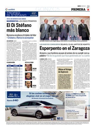 MARTES 10 ENERO 2012
                                                                                                                                                                                            27

TROFEO
                                                                      GONZC5                                                                           PRIMERA M
DI STÉFANO
VOTA EL DÍA DESPUÉS DE CADA JORNADA

MADRIDISTAS LOS CINCO PRIMEROS


El Di Stéfano
más blanco
Benzema encabeza el triplete del líder
• Cristiano y Ramos le acompañan




                                                                                                                                                                                                   TONI GALÁN
LUIS ALBERTO DÍAZ ❙ MADRID                do también marcó un doblete       José Guillén, Salvador Arenere, Agapito Iglesias, Carlos Iribarren y Fernando Rodriga, el día de su presentación.
Al no haber sido la jornada               ante el Getafe.
18 una jornada con grandes                   Cristiano Ronaldo sigue
actuaciones individuales, los             afianzando su liderato en la      LOS NUEVOS CONSEJEROS DEJAN EL CLUB, HARTOS DE AGAPITO
lectores de MARCA se han                  clasificación general después


                                                                            Esperpento en el Zaragoza
decantado por los jugadores               de acumular nueve puntos
del Real Madrid a la hora de              más y que su máximo rival,
hacer sus votaciones.                     Messi, se quede sin sumar
   De este modo, los futbolis-            una jornada más, quedándo-
tas más votados de este fin de            se la diferencia en 27 puntos.
semana han sido Benzema,
Cristiano Ronaldo y Sergio
                                             En el tercer peldaño del po-
                                          dio de esta jornada aparece
                                                                            Arenere y sus hombres acusan al soriano de no cumplir con su
Ramos. El delantero francés
suma de esta manera su se-
                                          el defensa madridista Sergio
                                          Ramos, que consigue de este
                                                                            palabra • No les ha gustado que haya gestionado por su cuenta
gunda victoria en el trofeo es-           modo sus primeros puntos
ta temporada, tras la que con-            para la general del Trofeo Di     S. GAUDIOSO / C. ORTIZ ❙ ZARAGOZA       un mail que hicieron llegar a los        ro no hubo marcha atrás. “Dado
siguió en la jornada 3, cuan-             Stéfano.                          Agapito Iglesias ha vuelto a que-       medios de comunicación.                  que era condición imprescindi-
                                                                            darse solo. El máximo mandata-            Curiosamente, cuando se supo           ble para la incorporación del con-
CLASIFICACIÓN                                  ASÍ VA EL PODIO              rio del Zaragoza no ha cumplido         todo se encontraban reunidos el          sejero delegado y los nuevos con-
   JUGADOR          EQUIPO        VOTOS
                                                                            con la palabra que les dio a los        propio Agapito con Arenere, pe-          sejeros, la cesión total de la ges-
                                                                            nuevos consejeros que presentó                                                   tión por el presidente Agapito
1. Benzema          Real Madrid   736                                       el pasado 30 de diciembre para                                                   Iglesias y entendiendo que ésta
2. Cristiano        Real Madrid   527                                       ayudar y mejorar el club y, sólo                                                 no se ha producido, ni es fácil
3. Sergio Ramos     Real Madrid   198                          CRISTIANO    10 días después de llegar altruis-                                               que se produzca en el futuro por
4. Higuaín          Real Madrid   132
                                                               R. Madrid
                                                               138 Puntos
                                                                            tamente, Salvador Arenere, Car-            Ultima el fichaje                     las diferentes maneras de enten-
                                                                            los Iribarren, José Guillén y Fer-                                               der la gestión, hemos decidido
5. Casillas
6. Messi
                    Real Madrid
                    Barcelona
                                  131
                                  115
                                                                            nando Rodrigo han decidido irse.           de Dujmovic                           no continuar, cesando en nues-
                                                                               Se sienten engañados por un                                                   tras funciones”, decía la nota.
7. Özil             Real Madrid   90                                        Agapito que, según documento               ■ Mientras, Agapito Iglesias             Como respuesta, el club colgó
8. Cesc             Barcelona     79                                        firmado el 29 de diciembre, les            ya tiene casi cerrado el pri-         un comunicado en su web mos-
9. A. Fernández     Osasuna       72                           MESSI        daba plenos poderes para gestio-           mer fichaje del mercado in-           trando su sorpresa por las dimi-
                                                               Barcelona    nar el club, lo que no ha sucedi-          vernal. Se trata de Tomislav          siones y afirmando que los nue-
10. Xabi Alonso     Real Madrid   69                           111 Puntos   do pues el presidente ha seguido           Dujmovic, centrocampista              vos consejeros habían participa-
11. Xavi            Barcelona     61                                        negociando con jugadores a sus             croata de 30 años del Dina-           do en el fichaje de Jiménez y en
12. Michu           Rayo          59                                        espaldas y también lo hizo cuan-           mo de Moscú, con experien-            la salida de Ponzio.
13.Álvaro           Espanyol      56                                        do se buscaba un entrenador, re-           cia en las Ligas rusa y croa-            La situación deportiva e insti-
14. Víctor Valdés   Barcelona     45                                        uniéndose con Míchel.                      ta. Dujmovic, que quiere es-          tucional ha enfadado mucho a la
                                                               BENZEMA         Hartos de sus movimientos, los          tar en la Eurocopa, práctica-         afición, que se manifestará con-
15.Soldado          Valencia      45                           R. Madrid    nuevos consejeros anunciaron               mente no ha jugado desde la           tra Agapito el sábado antes del
16. Iniesta         Barcelona     44                           36 Puntos    ayer por la mañana su salida, con          repesca en noviembre. ❙ V. J.         partido contra el Getafe.
 