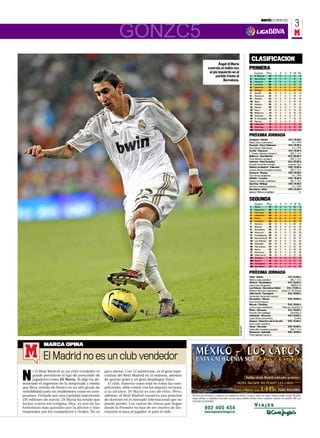 MARTES 10 ENERO 2012
                                                                                                                                                                                              3
                                                          GONZC5                                                                                                                             M


                                                                                                                                             CLASIFICACION
                                                                                                             Ángel di María
                                                                                                     controla un balón con                 PRIMERA
                                                                                                      el pie izquierdo en el                     Equipos      Ptos.     J    G    E     P GF GC
                                                                                                           partido frente al               1     R. Madrid      43     17   14    1    2    61    16
                                                                                                                                           2     Barcelona      38     17   11    5    1    51     9
                                                                                                                 Barcelona.                3     Valencia       34     17   10    4    3    28    18
                                                                                                                                           4     Levante        30     17    9    3    5    25    19
                                                                                                                                           5     Osasuna        26     17    6    8    3    21    28
                                                                                                                                           6     Málaga         25     17    7    4    6    20    22
                                                                                                                                           7     Sevilla        24     17    6    6    5    19    19
                                                                                                                                           8     Espanyol       24     17    7    3    7    18    21
                                                                                                                                           9     Athletic       23     17    5    8    4    23    19
                                                                                                                                           10    Betis          22     17    7    1    9    19    22
                                                                                                                                           11    Atlético       20     17    5    5    7    23    27
                                                                                                                                           12    Getafe         20     17    5    5    7    17    23
                                                                                                                                           13    Rayo           19     17    5    4    8    19    26
                                                                                                                                           14    Mallorca       19     17    4    7    6    15    22
                                                                                                                                           15    Granada        19     17    5    4    8     11   21
                                                                                                                                           16    R. Sociedad    18     17    4    6    7    16    23
                                                                                                                                           17    Racing         17     17    3    8    6    12    21
                                                                                                                                           18    Villarreal     16     17    3    7    7    15    25
                                                                                                                                           19    Sporting       15     17    4    3   10    16    29
                                                                                                                                           20    Zaragoza       10     17    2    4   11    13    32

                                                                                                                                           PRÓXIMA JORNADA
                                                                                                                                           Zaragoza - Getafe                           S14 | 18.00 h
                                                                                                                                           Mateu Lahoz (valenciano)                       C+L / PPV
                                                                                                                                           Granada - Rayo Vallecano                    S14 | 18.00 h
                                                                                                                                           Ayza Gámez (valenciano)                        C+L / PPV
                                                                                                                                           Sevilla - Espanyol                          S14 | 18.00 h
                                                                                                                                           F. Teixeira Vitienes (cántabro)               GOL T / C+L
                                                                                                                                           Mallorca - Real Madrid                     S14 | 20.00 h
                                                                                                                                           Pérez Montero (andaluz)                       GOL T / C+L
                                                                                                                                           Valencia - Real Sociedad                   S14 | 22.00 h
                                                                                                                                           Estrada Fernández (catalán)                La Sexta / Aut.
                                                                                                                                           Atlético de Madrid - Villarreal             D15 | 12.00 h
                                                                                                                                           Turienzo Álvarez (castellano-leonés)          GOL T / C+L
                                                                                                                                           Osasuna - Racing                            D15 | 16.00 h
                                                                                                                                           Clos Gómez (aragonés)                          C+L / PPV
                                                                                                                                           Athletic - Levante                          D15 | 18.00 h
                                                                                                                                           Velasco Carballo (madrileño)                  GOL T / C+L
                                                                                                                                           Sporting - Málaga                           D15 | 19.45 h
                                                                                                                                           Del Cerro Grande (madrileño)                   C+L / PPV
                                                                                                                                           Barcelona - Betis                           D15 | 21.30 h
                                                                                                                                           Iglesias Villanueva (gallego)                          C+


                                                                                                                                           SEGUNDA
                                                                                                                                                 Equipos       Ptos.    J    G    E     P GF GC
                                                                                                                                            1    Elche          37     19   11    4    4    36    18
                                                                                                                                            2    Deportivo      36     19   11    3    5    31    23
                                                                                                                                            3    Hércules       36     19   11    3    5    21    14
                                                                                                                                            4    Valladolid     35     19    9    8    2    29    17
                                                                                                                                            5    Celta          33     19   10    3    6    34    19
                                                                                                                                            6    Córdoba        33     19    9    6    4    20    13
                                                                                                                                            7    Almería        32     19    8    8    3    28    19
                                                                                                                                            8    Murcia         29     19    8    5    6    25    23
                                                                                                                                            9    Numancia       26     19    6    8    5    22    20
                                                                                                                                            10   Alcorcón       26     19    7    5    7    20    20
                                                                                                                                            11   Guadalajara    26     19    7    5    7    22    28
                                                                                                                                            12   Barcelona B    24     19    6    6    7    29    27
                                                                                                                                            13   Las Palmas     24     19    6    6    7    23    24
                                                                                                                                            14   Sabadell       24     19    6    6    7    23    36
                                                                                                                                            15   Recreativo     23     19    6    5    8    22    22
                                                                                                                                            16   Xerez          20     19    5    5    9    20    25
                                                                                                                                            17   Alcoyano       19     19    4    7    8    19    29
                                                                                                                                            18   Villarreal B   18     19    4    6    9    27    35
                                                                                                                                            19   Huesca         18     19    4    6    9    22    30
                                                                                                                                            20   Girona         16     19    3    7    9    22    31
                                                                                                                                            21   Cartagena      16     19    3    7    9     11   23
                                                                                                                                            22   Gimnástic      13     19    2    7   10    16    26


                                                                                                                                           PRÓXIMA JORNADA
                                                                                                                                           Celta - Nàstic                         V13 | 21.00 h.
                                                                                                                                           Melero López (andaluz)                     GOL T / C+L
                                                                                                                                           Almería - Guadalajara                  S14 | 16.00 h.
                                                                                                                                           Jaime Latre (Aragonés)                      MARCA TV
                                                                                                                                           Las Palmas - Barcelona Atlètic        S14 | 17.00 h.i.
                                                                                                                                           Martínez Munuera (valenciano)    Esport 3 / TV Canaria
                                                                                                                                           Villarreal B - Cartagena               S14 | 18.00 h.
                                                                                                                                           Hernández Hernández (canario)
                                                                                                                                           Recreativo - Girona                    S14 | 18.00 h.
                                                                                                                                           Ocón Arráiz (riojano)
                                                                                                                                           Murcia - Córdoba                       S14 | 18.00 h.
                                                                                                                                           Lesma López (madrileño)          7 Murcia / Canal Sur 2
                                                                                                                                           Elche - Alcoyano                       S14 | 18.00 h.
                                                                                                                                           Amoedo Chas (gallego)                     Canal Nou 2
                                                                                                                                           Valladolid - Alcorcón                  S14 | 18.00 h.
                                                                                                                                           López Acera (extremeño)                        La Otra
                                                                                                                                           Huesca - Deportivo de la Coruña        D15 | 12.00 h.
                                                                                                                                           Arias López (cántabro)
                                                                                                                               CHEMA REY




                                                                                                                                           Xerez - Hércules                       D15 | 16.00 h.
                                                                                                                                           Vallés Aller (castellano-leonés)           GOL T / C+L
                                                                                                                                           Numancia - Sabadell                    D15 | 18.00 h.
                                                                                                                                           Prieto Iglesias (navarro)



            MARCA OPINA

            El Madrid no es un club vendedor
      i el Real Madrid es un club vendedor ni     para menos. Con 12 asistencias, es el gran espe-

N     puede permitirse el lujo de prescindir de
      jugadores como Di María. Si algo ha de-
mostrado el argentino en la temporada y media
                                                  cialista del Real Madrid en la materia, además
                                                  de aportar goles y un gran despliegue físico.
                                                    El club, inmerso como está en todas las com-
que lleva vestido de blanco es un alto grado de   peticiones, debe contar con los mejores recursos
rentabilidad tanto en rendimiento como en com-    a su alcance. Di María es uno de ellos. Pero,
promiso. Fichado por una cantidad importante      además, el Real Madrid conserva una posición
(36 millones de euros), Di María ha tenido que    de dominio en el mercado internacional que no
luchar contra ese estigma. Hoy, es uno de los     puede perder. Los cantos de sirena que llegan
futbolistas más queridos por la afición y más     desde la Premier no han de ser motivo de dis-
respetados por los compañeros y rivales. No es    tracción ni para el jugador ni para el club.
 