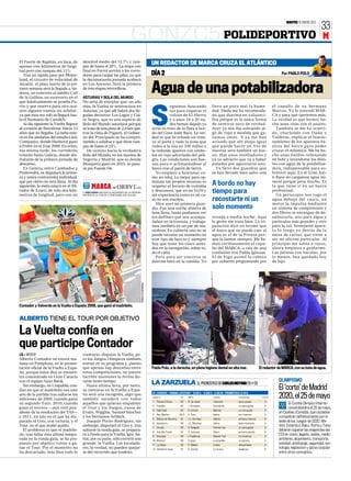 MARTES 10 ENERO 2012
                                                                                                                                                                                                                                                33
                                                                             GONZC5 POLIDEPORTIVO                                                                                                                                               M

El Fuerte de Rapitán, en Jaca, de       desnivel medio del 12,7% y ram-                                     UN REDACTOR DE MARCA CRUZA EL ATLÁNTICO
apenas tres kilómetros de longi-        pas de hasta el 28%. La etapa con
tud pero con rampas del 11%.            final en Ferrol servirá a los corre-
   Tras un rápido paso por Motor-       dores para cargar las pilas, ya que                                 DÍA 2                                                                                                   Por PABLO POLO
land, el circuito de velocidad de       la decimocuarta jornada acabará
Alcañiz, el plato fuerte de la pri-
mera semana será la llegada a An-
dorra, en concreto al inédito Coll
de la Gallina, un escenario en el
                                        en Los Ancares. Será la primera
                                        de tres etapas terroríficas.

                                        ASTURIAS Y BOLA DEL MUNDO
                                                                                                            Agua de una potabilizadora
que habitualmente se prueba Pu-         No sería de extrañar que, un año
rito y que reserva para otra oca-       más, la Vuelta se sentenciara en                                               eguimos buscando                      llevo un poco mal la hume-                        el capullo de su hermano



                                                                                                            S
sión algunos tramos sin asfaltar,       Asturias, ya que allí habrá dos lle-                                           sur para esquivar el                  dad. Dudu me ha recomenda-                        Marcos. Yo le entendí MAR-
ya que esta vez sólo se llegará has-    gadas decisivas: Los Lagos y Cui-                                              volcán de El Hierro                   do que duerma en calzonci-                        CA y para qué queremos más.
ta el Santuario de Canolich.            tu Negro, que es una especie de                                                y a unos 18 o 20 nu-                  llos porque es la única forma                     La verdad es que hemos he-
   Al día siguiente la Vuelta llegará   Bola del Mundo asturiana porque                                                dos hemos dejado ya                   de sentirse seco de verdad.                       cho unas risas con el asunto.
al corazón de Barcelona. Hacía 13       se trata de una pista de 2,8 km que,                                atrás al resto de la flota a bor-                Ayer ya nos iba sobrando al-                         También se me ha ocurri-
años que no llegaba. La meta esta-      tras la cima de Pajares, el Gobier-                                 do del Gran Jotiti Race. La ver-                 go de ropa a medida que ga-                       do, charlando con Dudu y
rá en los aledaños del estadio Lluis    no del Principado se ha compro-                                     dad es que he echado un vista-                   namos oeste. Y ya me han                          Valderas, explicar el funcio-
Companys, donde Hushovd ganó            metido a asfaltar y que tiene ram-                                  zo al parte y toda la zona que                   avisado que ahí abajo igual                       namiento de los aparatos bá-
a Freire en el Tour 2009. En avión,     pas de hasta el 25%.                                                rodea a la isla en 100 millas a                  que puede hacer un frío de                        sicos del barco para poder
esa misma tarde, los corredores           De camino hacia la verdadera                                      la redonda aparece con símbo-                    morirse será también un hor-                      cruzar el Atlántico. Me he he-
volarán hasta Galicia, donde dis-       Bola del Mundo, en los montes de                                    los en rojo advirtiedo del peli-                 no. Hay unos ventiladores y                       cho unas fotillos rellenando
frutarán de la primera jornada de       Segovia y Madrid, que es donde                                      gro. Las condiciones son bue-                    ya os advierto que va a haber                     mi bote y lavándome los dien-
descanso.                               Mosquera ganó en 2010, se pasa-                                     nas para ir aclimatándose al                     patadas por agenciarse uno.                       tes con agua de la potabiliza-
   En Galicia, entre Cambados y         rá por Fuente Dé.                                                   barco tras el parón de tierra.                      Ya llevo dos guardias que                      dora, indispensable para so-
Pontevedra, se disputará la prime-                                                                            Yo empiezo a funcionar co-                     se han llevado bien salvo una                     brevivir aquí. En el Gran Joti-
ra y única contrarreloj individual,                                                                         mo un reloj. Lo mejor para op-                                                                     ti Race no cargamos agua mi-
que por cierto no será llana. Al día                                                                                                                                                                           neral porque pesa mucho. Es
siguiente, la meta estará en el Mi-
                                                                                                            timizar tus propios recursos es
                                                                                                            respetar el horario de comidas                   A bordo no hay                                    lo que tiene ir en un barco
rador de Ézaro, de sólo dos kiló-
metros de longitud, pero con un
                                         JOSU GARAI ANALIZA EL RECORRIDO DE LA PRÓXIMA
                                        EDICIÓN DE LA VUELTA Y DISECCIONA SUS CLAVES
                                                                                                            y descansos, que en un Vo70 y
                                                                                                            sin experiencia como es mi ca-
                                                                                                                                                             tiempo para                                       profesional.
                                                                                                                                                                                                                  Un periscopio nos coge el
                                                                                                            so no son muchos.                                recostarte ni un                                  agua debajo del casco, un
                                                                                                              Hice ayer mi primera guar-                                                                       motor la impulsa mediante
                                                                                                            dia. Fue una noche abierta de                    solo momento                                      un sistema de comprensión y
                                                                                                            luna llena, hasta podíamos ver                                                                     dos filtros se encargan de de-
                                                                                                            los delfines que nos acompa-                     orzada a media noche. Aquí                        salinizarla, uno para algas y
                                                                                                            ñaban en la travesía, y trabaja-                 la gente me trata bien. La tri-                   partículas más grandes y otro
                                                                                                            mos también en un par de ma-                     pulación dice en broma que                        para la sal. Semejante apara-
                                                                                                            niobras. En cubierta uno no se                   el único que no puede caer al                     to lo tengo yo detrás de la
                                                                                                            puede recostar un momento en                     agua es el de la Prensa por-                      mesa de cartas, que viene a
                                                                                                            este tipo de barcos y siempre                    que la liamos siempre. Me lla-                    ser mi oficina particular. Al
                                                                                                            hay que tener los cinco senti-                   man cariñosamente el capu-                        principio me sabía a rayos,
                                                                                                            dos en la navegación, sobre to-                  llo del MARCA, a raíz de una                      ahora empieza a gustarme.
                                                                                                            do el caña.                                      confusión con Pablo Iglesias.                     Las patatas con bacalao, por
                                                                                                              Pero para ser sinceros se                      El de Vigo asomó la cabeza                        lo menos, han quedado hoy
                                                                                                            duerme bien en la camilla. Yo                    por cubierta preguntando por                      de lujo.
                                                                                         RODOLFO ESPINOSA




Contador y Valverde en la Vuelta a España 2008, que ganó el madrileño.


ALBERTO TIENE EL TOUR POR OBJETIVO

La Vuelta confía en
que participe Contador
J.G. ❙ MADRID                           contrario, disputar la Vuelta, pe-
Alberto Contador no estará ma-          ro los Juegos Olímpicos también
ñana en Pamplona, en la presen-         entran en su programa y, puesto
tación oficial de la Vuelta a Espa-     que apenas hay descanso entre                                       Pablo Polo, a la derecha, en plena higiene dental en alta mar.                           El redactor de MARCA, con su bote de agua.
ña, porque estos días se encuen-        estas competiciones, no parece
tra concentrado en Gran Canaria         factible mantener la forma du-
con el equipo Saxo Bank.                rante tanto tiempo.                                                                                                                                                       OLIMPISMO
                                                                                                            LA ZARZUELA EL PRONÓSTICO DECARLOSMOYANO (15-1-12)
   Sin embargo, en Unipublic con-
fían en que el madrileño sea este
                                           Hasta última hora, por tanto,
                                        su concurso en la Vuelta a Espa-                                                                                                                                          El ‘corte’ de Madrid
                                                                                                            4ª CARRERA • PREMIO LOTOTURF • 13:05 H. • 5.500 E • 2.100 M • PRONÓSTICO: 8-10-6
año de la partida tras saltarse las
ediciones de 2009, cuando ganó
                                        ña será una incógnita, algo que
                                        también sucederá con todos                                          CABALLO                KG    JINETE               CUADRA                VALORACIÓN         PTS M      2020, el 25 de mayo
                                                                                                            1   Fleche D'Arcis     62    N. de Julián         Talismán              dura escala         3
su segundo Tour, 2010, cuando           aquellos que quieran empalmar                                                                                                                                                    El Comité Olímpico Interna-
                                                                                                            2 Fandiño              62    J. Grosjean          Cacharela             no para ganar       4
ganó el tercero —aún está pen-          el Tour y los Juegos, casos de                                                                                                                                                   cional decidirá el 25 de mayo,
                                                                                                            3 High Side            62    O. Urbina            Marisol               no nos gusta        3
diente de la resolución del TAS—        Evans, Wiggins, Samuel Sánchez                                                                                                                                            en Quebec (Canadá), qué ciudades
                                                                                                            4 Rey Mambo           60,5   A. Soto              Itálica               no creemos          3
y 2011, un año en el que ha dis-        y los hermanos Schleck.                                                                                                                                                   competirán definitivamente por la
                                                                                                            5 Blanca de Navarra    61    J.L. Borrego         Aldara                primera chance      5
putado el Giro, con victoria, y el         Joaquín Purito Rodríguez, sin                                                                                                                                          sede de los Juegos de 2020. Ma-
                                                                                                            6 Gamberro             59    J.L. Martínez        Zebra                 buen momento        3
Tour, en el que acabó quinto.           embargo, disputará el Giro y, tras
                                                                                                            7   Covelo             58    D. Delgado           Pereira Sat           no para ganar       3
                                                                                                                                                                                                                  drid, Estambul, Bakú, Roma y Tokio
   El problema es que el madrile-       saltarse la ronda gala, se prepara-                                 8 Yes We Could         57    V. Janacek           Silver                primera opción      5
                                                                                                                                                                                                                  deberán superar las exigencias del
ño, tras fallar esta última tempo-      rá a fondo para la Vuelta. Igor An-                                 9 Granada              56    I. Koplikova         Batistti Turf         no creemos          3
                                                                                                                                                                                                                  COI en visión, legado, sedes, medio
rada en la ronda gala, se ha pro-       tón, por su parte, sólo correrá una                                 10 Aldonza             56    I.López              Luzerpalha            no parece           3
                                                                                                                                                                                                                  ambiente, alojamiento, transporte,
puesto por objetivo volver a ga-        grande: la Vuelta. Los escalado-                                    11 La Galea            52    E. Melián            Colisa                descartable         3
                                                                                                                                                                                                                  sanidad, antidopaje, seguridad, tec-
nar el Tour. Por el momento no          res, la verdad, no pueden quejar-                                   12 Handome Hugo        51    A. Gómez             La Sueca              peligroso           5
                                                                                                                                                                                                                  nología, legislación y apoyo popular
ha descartado, más bien todo lo         se del recorrido que tendrán.                                                                                                                                             entre otros conceptos.
 