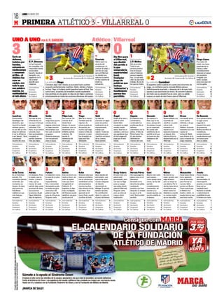 18
             LUNES 16 ENERO 2012



  M PRIMERA ATLÉTICO 3 - VILLARREAL 0                                                               GONZC5
UNO A UNO POR A. R. BARBERO                                                                                    Atlético Villarreal

3
Serio en
defensa,
                        3
               Entrenador
                                                                                                                       -
                                                                                                                       Courtois
                                                                                                                                             0
                                                                                                                                             Día libre para
                                                                                                                                             el Villarreal, Entrenador
                                                                                                                                                                        1                                                                                       1
                                                                                                                                                                                                                                                                Diego López
incisivo por   D. P. Simeone                                                                                   Habrá quien se                que dimitió    J. F. Molina                                                                                        Fue capaz de
bandas,        Le han buscado                                                                                  acuerde del                   del partido a Aún es pronto.                                                                                       meter una mano
               las cosquillas y ha                                                                             cronista por no                              Todo lo que                                                                                         espectacular a
solvente en    respondido desde                                                                                puntuar al belga, y
                                                                                                                                             la que         parecía positivo                                                                                    Falcao y pifiar
mediocampo donde debe                                                                                          van dos en Liga,              comprobó la tras el choque                                                                                         inmediatamente
y venenoso     hacerlo: desde el                                                                               pero el Villarreal            superioridad ante el Valencia                                                                                      después un saque
arriba... el   banquillo. Los                                                    Sobresalientes 1 • Notables 7 no remató una                 local.         parece negativo                                                      Sobresalientes 0 • Notables 1 sin oposición.
Atlético fue
ayer un
               jugadores no lo
               van a tener
               sencillo para
                                                   3               Aprobados 5 • Suspensos 3 • Sin Calificar 0 sola vez a puerta:
                                                                                                               no hay manera de
                                                                                                               medir su
                                                                                                                                             Cualquier
                                                                                                                                             juego de
                                                                                                                                                            hoy. Lo que está
                                                                                                                                                            claro es que tiene
                                                                                                                                                            trabajo. No es de
                                                                                                                                                                                                  2                 Aprobados 2 • Suspensos 0 • Sin Calificar 0 Irregular, por
                                                                                                                                                                                                                                                                tanto, aunque
                                                                                                                                                                                                                                                                poco tuvo que ver
equipo, con                                   La estrella Diego                                                                              palabras que los que se rinden.                 La estrella Castellani
               relajarse.                     Conviene dejar claro desde ya que este hueco podrían             actuación.                                                                    El argentino pidió la pelota en cuanto pisó el terreno de          con los goles.
todo lo que                                                                                                                                  incluya
                                              ocuparlo perfectamente Juanfran, Godín, Adrián o Falcao.                 Sobresalientes    3                                     0             juego. La confianza que le concede Molina parece                   Sobresalientes     0
esa palabra    Sobresalientes      1
                                              Incluso Tiago, si hubiera tenido gasolina hasta el final. Sea            Notables          4
                                                                                                                                             ‘submarino’ y Sobresalientes
                                                                                                                                                            Notables           1             definitivamente acertada, y después de lo de ayer todo             Notables           5
               Notables           0
supone. La     Aprobados           1          como fuere, el partido del brasileño resultó espléndido.                 Aprobados         6   hundimiento Aprobados             1             apunta a que será titular en breve. No encontró aliados,           Aprobados         12
continuidad es Suspensos          0           Que participe en dos goles no deja de ser lógico: participa              Suspensos         2   parece hoy     Suspensos          0             de modo que su empeño fue en vano, pero su salida                  Suspensos          0
el reto ahora. Sin Calificar      0           prácticamente en todas las acciones ofensivas del equipo.                Sin Calificar     2   permitido.     Sin Calificar      0             supuso un soplo de aire fresco para el Villarreal.                 Sin Calificar      0




3                       2                     3                      2                        2                        2                     0                          0                    1                     0                     1                      0
Juanfran                Miranda               Godín                  Filipe Luis              Tiago                    Gabi                  Ángel                      Zapata               Gonzalo               Joan Oriol            Bruno                  De Guzmán
Conmovedor              Se trata de que       Resulta                Otro que tal. Sin        Más de lo mismo.         Su falta de           ¡Quién le ha visto y       El Calderón está     Se mantuvo a          Desacreditado por     Incrustado atrás       En la primera parte
despliegue del          entienda de una       vergonzoso que la      noticias de él           También está de          precisión en algún    quién le ve! El            condenado a          flote, que no es      el partido de         como quinto            no jugó y en la
alicantino, que         vez que en Europa     crónica de las         desde hace               regreso. Su              pase encuentra        lateral debe               contemplar los       poco, aunque tiró     Juanfran. Lo pasó     defensa, a la que      segunda ni
recorrió la banda       se juega a otra       páginas anteriores     tiempo, al menos         primera parte es         explicación en el     recuperar su mejor         problemas de un      de estopa a la que    mal en todo           se venía el            siquiera hizo acto
infinitas veces y       velocidad. Si lo      no haga mención        positivas, ayer no       de manual, por           impresionante         versión cuanto             defensa              se vio superado.      momento y ni          Atlético, el pivote    de presencia.
no por ello se vino     hace, es un central   del partidazo que      desentonó en el          mucho que luego          trabajo que           antes. Ayer fue un         colombiano con la    No puede salir        siquiera tuvo         bastante tuvo con      Molina sacrificó al
abajo en defensa.       solvente. Ayer,       hizo ayer el central   brillante partido        notara la falta de       realizó. Todas las    coladero y aún tuvo        pelota. A falta de   satisfecho de un      especial presencia    capear el              canadiense,
A ver si al final va    bien acompañado,      uruguayo.              colectivo. Se            minutos. Lo peor         coberturas para       que agradecer que          Perea bueno fue      partido en el que     en ataque. Uno        temporal. Nada         aunque tampoco
a ser lateral... Será   completó un           Simeone amenaza        apunta la                fue la tarjeta: es       Juanfran corrieron    el rival cargara el        él, que encima       se lucen los dos      más en el horror      que ofrecer en lo      puede decirse que
complicado              partido bastante      con recuperarlo        asistencia del           baja para San            de su cuenta.         juego por la otra          defendía los         delanteros del        despachado por el     que a creación de      se notara para
sacarle del once.       más que digno.        para la causa.         tercer gol.              Sebastián.               Buen partido.         banda.                     colores del rival.   rival.                Villarreal.           juego respecta.        bien su salida.
Sobresalientes     1    Sobresalientes    1   Sobresalientes    1    Sobresalientes       0   Sobresalientes       0   Sobresalientes    1   Sobresalientes         0   Sobresalientes   0   Sobresalientes    0   Sobresalientes    0   Sobresalientes     0   Sobresalientes     0
Notables           0    Notables          3   Notables          2    Notables             5   Notables             3   Notables          3   Notables               2   Notables         2   Notables          5   Notables          3   Notables           3   Notables           0
Aprobados          6    Aprobados         5   Aprobados         3    Aprobados            6   Aprobados            6   Aprobados         6   Aprobados              3   Aprobados        7   Aprobados         6   Aprobados         5   Aprobados         13   Aprobados         12
Suspensos          0    Suspensos         3   Suspensos         5    Suspensos            6   Suspensos            3   Suspensos         5   Suspensos              1   Suspensos        3   Suspensos         2   Suspensos         2   Suspensos          2   Suspensos          3
Sin Calificar      0    Sin Calificar     1   Sin Calificar     0    Sin Calificar        0   Sin Calificar        0   Sin Calificar     0   Sin Calificar          0   Sin Calificar    0   Sin Calificar     1   Sin Calificar     0   Sin Calificar      0   Sin Calificar      0




2                       3                     3                      2                        1                        -                     1                          0                    0                     1                     1                      1
Arda Turan              Adrián                Falcao                 Salvio                   Koke                     Pizzi                 Borja Valero               Hernán Pérez         Cani                  Nilmar                Musacchio              Joselu
Es un futbolista        Un témpano. Para      Un delantero como      Esta vez entró con       Simeone sabe que         Buen detalle del      El buen trato a la         Otro que pagó los    Mucho más ruido       No está en su         Duda hasta última      Pocos minutos,
extraño. Por            lo bueno, que es      la copa de un pino.    viento a favor, sin      tiene un problema        entrenador, que       pelota está                platos rotos en el   que nueces...         mejor versión, aún    hora, apareció         pero bien
momentos parece         mucho, y para lo      Sin estar              sufrir el injusto        con él, porque por       ayer le dio unos      garantizado, pero          descanso.            como tantas otras     paga la lesión,       tras el descanso       aprovechados. Al
incómodo, por           malo, que es          especialmente          trato que viene          rendimiento en los       minutos después       con eso no llega           Acostado en la       veces. Se fue del     pero su toque es      para formar un         menos aportó
momentos se             menos. En cada        fino, ni encontrar     otorgándole el           entrenamientos           de haberle            para un equipo             derecha de salida,   partido               una delicia. Por lo   curioso doble          picante y no se dejó
desata. Un dato:        partido deja varias   demasiada ayuda,       Calderón. El             merece muchos            descartado en         que pelea donde            cambiando            completamente         demás tiene ahora     pivote con Bruno.      llevar por un
está entre los          acciones de clase     la media actual le     argentino lo deja        más minutos de los       Málaga. El partido    pelea el Villarreal.       posición con Cani    inadvertido, sin      el problema que       Como quiera que        resultado claro.
futbolistas             que suponen           acercaría a 25         todo y la llegada        que tiene. Ayer          estaba resuelto.      Da gusto verle,            después, la verdad   aportar a su          tienen todos los      el Atlético fue        Reclamó un penalti
rojiblancos que         ocasiones de gol.     goles en Liga. No      de Simeone puede         apareció en el           Su contribución       pero se echa de            es que ni se le      equipo apenas una     delanteros cuando     dueño y señor, no      y cabe incluso la
más balones             Sigue faltándole      para de ofrecerse.     significar una gran      tramo final y ayudó      debe ir a más con     menos cierta               notó. Oportunidad    acción potable en     no reciben balón:     puede decirse que      posibilidad de que
recupera.               algo de egoísmo.      Da gusto verle.        ayuda para él.           a enfriar el duelo.      el paso del tiempo.   implicación.               perdida.             el ataque.            así es imposible.     aportara mucho.        lo hiciera con razón.
Sobresalientes     2    Sobresalientes    3   Sobresalientes    3    Sobresalientes       0   Sobresalientes       0   Sobresalientes    0   Sobresalientes         5   Sobresalientes   0   Sobresalientes    1   Sobresalientes    0   Sobresalientes     0   Sobresalientes     0
Notables           4    Notables          3   Notables          0    Notables             3   Notables             1   Notables          1   Notables               6   Notables         3   Notables          3   Notables          1   Notables           2   Notables           1
Aprobados          9    Aprobados         5   Aprobados         9    Aprobados            9   Aprobados            3   Aprobados         5   Aprobados              5   Aprobados        5   Aprobados         9   Aprobados         4   Aprobados         10   Aprobados          1
Suspensos          1    Suspensos         2   Suspensos         2    Suspensos            1   Suspensos            1   Suspensos         0   Suspensos              2   Suspensos        1   Suspensos         2   Suspensos         3   Suspensos          1   Suspensos          0
Sin Calificar      0    Sin Calificar     3   Sin Calificar     0    Sin Calificar        1   Sin Calificar        3   Sin Calificar     1   Sin Calificar          0   Sin Calificar    0   Sin Calificar     0   Sin Calificar     1   Sin Calificar      0   Sin Calificar      4
 