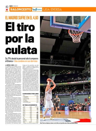 MARTES 7 FEBRERO 2012
40
 M         BALONCESTO                                                                            LIGA ENDESA

EL MADRID SUFRE EN EL 4,60

El tiro
por la
culata
Su 71% desde la personal sólo lo empeora
el Granca • Una condena en sus derrotas
J.L. MARTÍNEZ / N. DUQUE S MADRID      luego en los partidos, no sale
Un jugador con el balón y la ca-       igual”, asegura Sergio Rodrí-
nasta a 4,60 metros. Entre me-         guez, el peor de su equipo en la
dias, nada. El tiro libre es el lan-   estadística con un 61%.
zamiento más sencillo que se              El base es uno de los seis juga-
puede realizar en el baloncesto.       dores que no alcanza el 70%, que
Nadie te defiende, nada te inco-       podría considerarse como el mí-
moda, salvo el ambiente si jue-        nimo exigible a profesionales.
gas como visitante o la presión        Entre ellos hay jugadores de pun-
dependiendo del momento de             tería contrastada como Mirotic y
partido. Es una simple cuestión        Llull. El descenso de los porcen-
de concentración y mecánica:           tajes del balear es asombroso. En
tratar de hacer siempre el mismo       las últimas tres temporadas, ja-
movimiento. Pero pese a la facili-     más había bajado del 80% y aho-
dad aparente hay veces que el ti-      ra sólo tiene un 62%. Carroll tam-
ro sale por la culata.                 bién se muestra mucho más fa-
   Es lo que le está ocurriendo al     llón de lo que acostumbraba. El
Real Madrid en la Liga Endesa.         año pasado en el Gran Canaria
Los blancos son el segundo peor        hizo un 90,8% y ahora no llega al
equipo desde la línea de perso-        80%. En total son seis los madri-
nal, con un paupérrimo 71,22%          distas que andan en los peores
de acierto. Sólo el Gran Canaria       números de su carrera en la ACB.
tiene menos puntería que ellos.
El dato es el peor del conjunto
madridista desde que al final de       CLASIFICACIÓN DE TIROS LIBRES
la temporada 95-96 sobrepasara         EQUIPO                            % TIROS LIBRES

por poco el 70%.                       1. CAI Zaragoza                          78,19
   No hay un fundamento balon-         2. UCAM Murcia                           78,02
cestístico para explicar la falta      3. Lagun Aro GBC                         77,45
de tino del Madrid en el tiro más      16. Unicaja                              71,26
fácil. Al menos Pablo Laso no lo       17. Real Madrid                          71,22
encuentra: “Hay un aspecto psi-        18. Gran Canaria 2014                    67,00
cológico importante en tanto fa-
llo. Hay que entrenarlos en la si-     ASÍ TIRAN LOS MADRIDISTAS
tuación más real posible, pero la      JUGADOR             CON/INT         PORCENTAJE
solución no es sólo entrenarlos.       Felipe                55/66                83%
Si fuese así, todas las cosas que      Carroll               23/29                79%
pasan durante un encuentro se-         Singler                10/13                77%
rían subsanables ejercitándose         Pocius                 17/23               74%
más y no lo son”.                      Mirotic               38/56                68%
   En los entrenamientos, el téc-      Suárez                15/23                65%
nico madridista incluye tiros li-      Begic                 16/25                64%
bres con sesiones de repetición y      Tomic                 32/51                63%
emulando situaciones reales de         Llull                 40/65                62%
                                                                                                                                                                                       BEATRIZ GUZMÁN




partido, trabajándolos en situa-       Sergio                  11/18              61%
ciones de cansancio, de reposo...      Velickovic                3/3             100%
“Los estamos trabajando mucho.         Jorge Sanz                2/2             100%
En los entrenamientos tiramos          TOTAL               297/417             71,22%
un montón y los metemos, pero          En negrita, si es su peor porcentaje en la ACB     Ante Tomic se dispone a lanzar un tiro libre en el partido ante el Gescrap Bizkaia Bilbao.
 