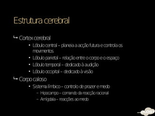 Estrutura cerebral
 Cortex cerebral
      • Lóbulo central – planeia a acção futura e controla os
        m entos
          ovim
      • Lóbulo parietal – relação entre o corpo e o espaço
      • Lóbulo tem poral – dedicado à audição
      • Lóbulo occipital – dedicado à visão
 Corpo caloso
      • Sistem lím – controlo de prazer e m
              a bico                       edo
          – Hipocam – com
                    po       ando da reacção racional
          – Am ígdala – reacções ao medo
 