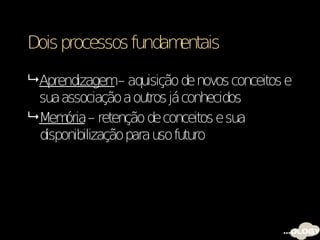 Dois processos fundamentais

 Aprendizagem– aquisição de novos conceitos e
  sua associação a outros já conhecidos
 Mem – retenção de conceitos e sua
       ória
  disponibilização para uso futuro
 