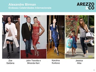 10
Alexandre Birman
Endosso Celebridades Internacionais
John Travolta e
Miranda Kerr
Karolina
Kurkova
Zoe
Saldana
Jessica
Alba
 