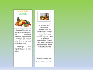 ALIMENTAÇÃO
SAUDÁVEL
A Roda dos Alimentos tem
sete sectores - os grupos -
com dimensões
diferentes, representando
a proporção que, cada um
deles, deve ter na nossa
alimentação diária.
A alimentação é muito
importante para a nossa
saúde.
Trabalho realizado por:
Andreia Filipa, 5ºA, nº3
A alimentação
saudável é a
alimentação ou
nutrição de comer
bem e de forma
equilibrada para que
os adultos
mantenham o peso
ideal e as crianças se
desenvolvam bem e
intelectualmente.
 