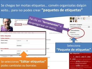 Se chegas ter moitas etiquetas… convén organizalas dalgún
xeito… para iso podes crear “paquetes de etiquetas”




                                            Selecciona
                                     “Paquete de etiquetas”


Se seleccionas “Editar etiquetas”
podes cambialas ou borralas
 