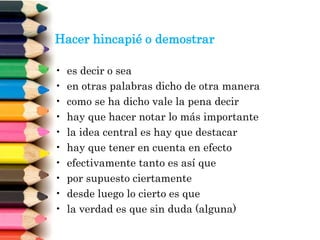 Hacer hincapié o demostrar
• es decir o sea
• en otras palabras dicho de otra manera
• como se ha dicho vale la pena decir
• hay que hacer notar lo más importante
• la idea central es hay que destacar
• hay que tener en cuenta en efecto
• efectivamente tanto es así que
• por supuesto ciertamente
• desde luego lo cierto es que
• la verdad es que sin duda (alguna)
 