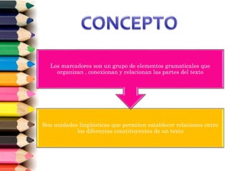 Son unidades lingüísticas que permiten establecer relaciones entre
los diferentes constituyentes de un texto
Los marcadores son un grupo de elementos gramaticales que
organizan , conexionan y relacionan las partes del texto
 