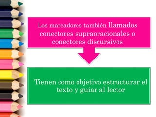 Tienen como objetivo estructurar el
texto y guiar al lector
Los marcadores también llamados
conectores supraoracionales o
conectores discursivos
 