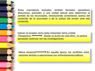 Estos marcadores textuales, también llamados operadores
discursivos, preceden a una unidad textual para determinar el
sentido de los enunciados, introduciendo comentarios acerca del
contenido de lo enunciado o de la actitud del emisor ante ese
contenido.
Indican al receptor cómo debe interpretar dicha unidad:
Perspectiva Desde un punto de vista ético, no parece
apropiado continuar con las investigaciones.
Marco temporal En aquella época, los conflictos entre
naciones tendían a solucionarse con enfrentamientos bélicos.
 