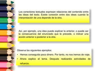 Los conectores textuales expresan relaciones del contenido entre
las ideas del texto. Existe conexión entre dos ideas cuando la
interpretación de una depende de la otra.
Así, por ejemplo, una idea puede explicar la anterior, o puede ser
la consecuencia del enunciado que le precede, o indicar una
acción anterior o posterior a la otra.
Observa los siguientes ejemplos:
• Hemos conseguido poco dinero. Por tanto, no nos iremos de viaje.
• Ahora explico el tema. Después realizaréis actividades de
refuerzo.
 
