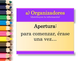 a) Organizadores
(distribuyen la información)
Apertura:
para comenzar, érase
una vez…
 