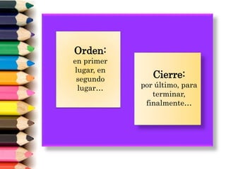 Orden:
en primer
lugar, en
segundo
lugar…
Cierre:
por último, para
terminar,
finalmente…
 