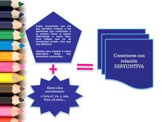 Estos conectores son los
que permiten mostrar a los
elementos que conforman a
la oración como si fueran
alternativas o como bien,
para reflejar que no se
encuentran juntos, sino que
son distintos.
Usados para separar o como
alternativa entre dos
elementos oracionales..
Entre ellos
encontramos:
o (ora,u), ya, o, sea,
bien, ya seaa…
Conectores con
relación
DISYUNTIVA
 