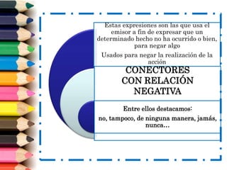 Estas expresiones son las que usa el
emisor a fin de expresar que un
determinado hecho no ha ocurrido o bien,
para negar algo
Usados para negar la realización de la
acción
CONECTORES
CON RELACIÓN
NEGATIVA
Entre ellos destacamos:
no, tampoco, de ninguna manera, jamás,
nunca…
 