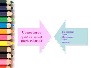 Conectores
que se usan
para refutar
• Sin embargo
• Pero
• No obstante
• Sino
• Aunque
 