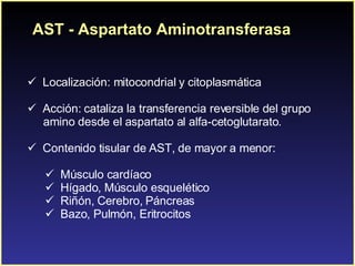 AST - Aspartato Aminotransferasa Localización: mitocondrial y citoplasmática A cción: cataliza la transferencia reversible del grupo  amino desde el aspartato al alfa-cetoglutarato. Contenido tisular de AST, de mayor a menor:  Músculo cardíaco H ígado, Músculo esquelético Riñón, Cerebro, Páncreas Bazo, Pulmón, Eritrocitos 