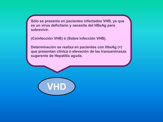 VHD
Sólo se presenta en pacientes infectados VHB, ya que
es un virus deficitario y necesita del HBsAg para
sobrevivir.
(Coinfección VHB) ó (Sobre infección VHB).
Determinación se realiza en pacientes con HbsAg (+)
que presentan clínica ó elevación de las transaminasas
sugerente de Hepatitis aguda.
 