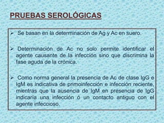 PRUEBAS SEROLÓGICAS
 Se basan en la determinación de Ag y Ac en suero.
 Determinación de Ac no solo permite identificar el
agente causante de la infección sino que discrimina la
fase aguda de la crónica.
 Como norma general la presencia de Ac de clase IgG e
IgM es indicativa de primoinfección e infección reciente,
mientras que la ausencia de IgM en presencia de IgG
indicaría una infección ó un contacto antiguo con el
agente infeccioso.
 
