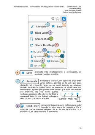 Marcadores sociales.

Comunidades Virtuales y Redes Sociales en Ed.

Elena Gallardo Lara.
Pilar Martín Rey.
Ana Quintanar Braojos
Leticia Sánchez Escobar.

2

1

3
4
5
6

9
7

8

10
11

12

1

Explicado más detalladamente a continuación, en
gestionar nuestros favoritos.

2

Remarcar o subrayar, con opción de elegir entre
varios colores, párrafos de la web que estás
visitando, tal y como lo harías en un papel. Además de subrayar,
también tenemos la opción dentro de Annotate de añadir una nota
comentando aquello que quieras sobre la web que estás visitando en
ese momento. De este modo, cuando
vuelvas a acceder a ella a través de Diigo te
aparecerá tanto lo que habías subrayado
como la nota que habías añadido.
Subrayar Añadir nota
Save

3

Almacenar la página como no leída para poder
hacerlo en otro momento cualquiera. En el
caso de que te interese después de su lectura la añadirás a tu
biblioteca o, en caso contrario, la eliminarás.

15

 